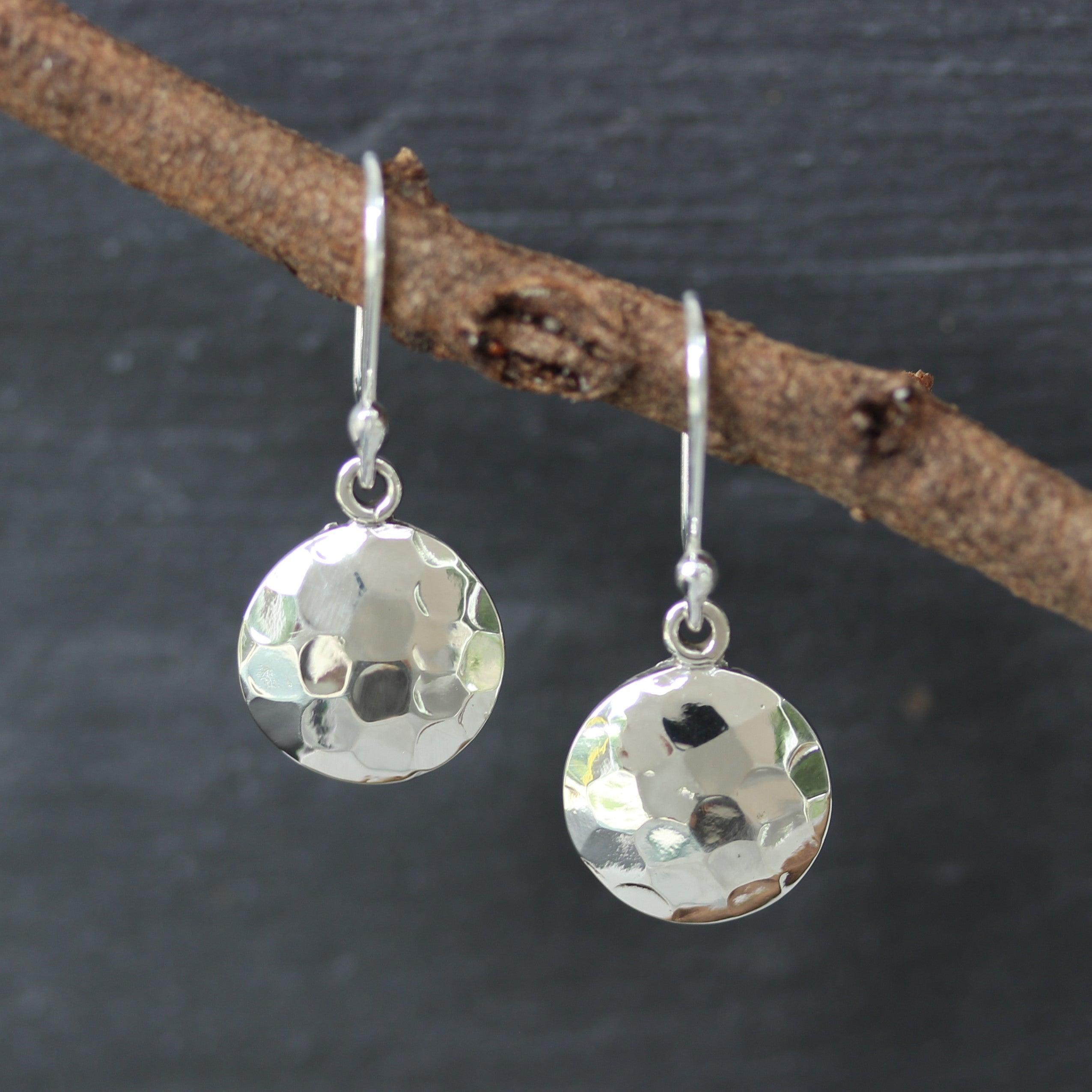 Sterling Silver 13mm Round Hammered Drop Dangle Earrings - STERLING SILVER DESIGNS
