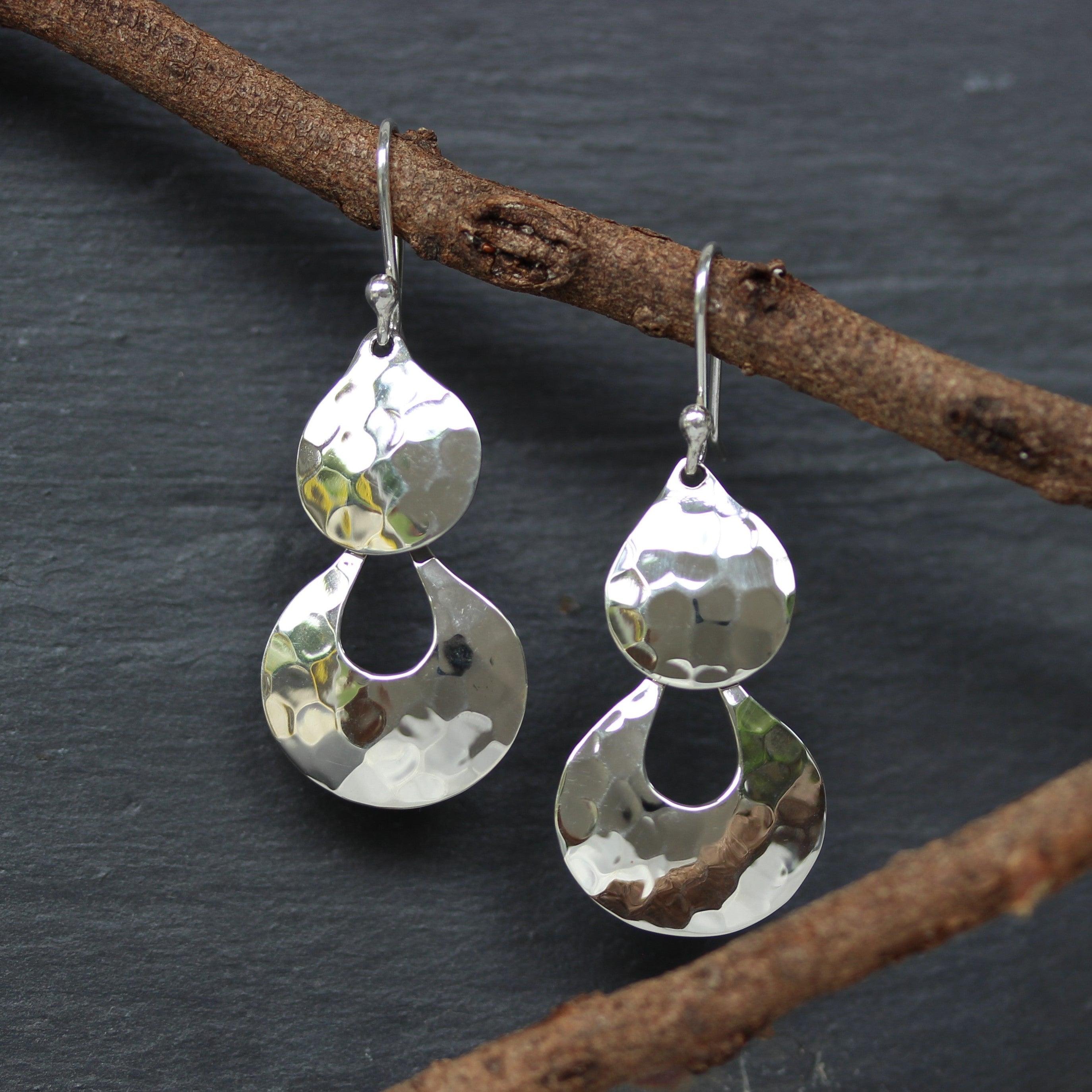 Sterling Silver Hammered Double Drop Dangle Earrings - STERLING SILVER DESIGNS