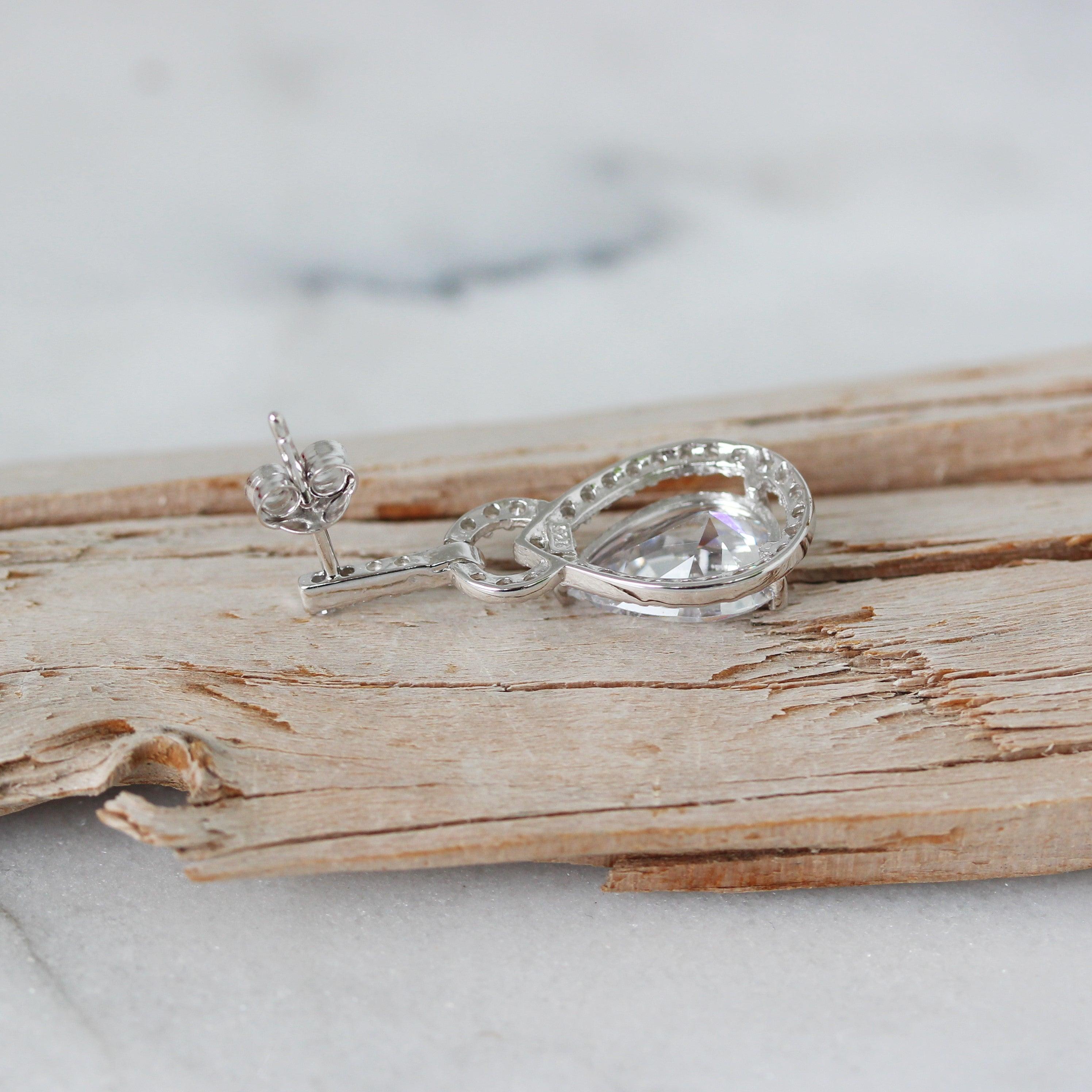 Sterling Silver Bridal Wedding Pear Shape Halo CZ Drop Earring - STERLING SILVER DESIGNS