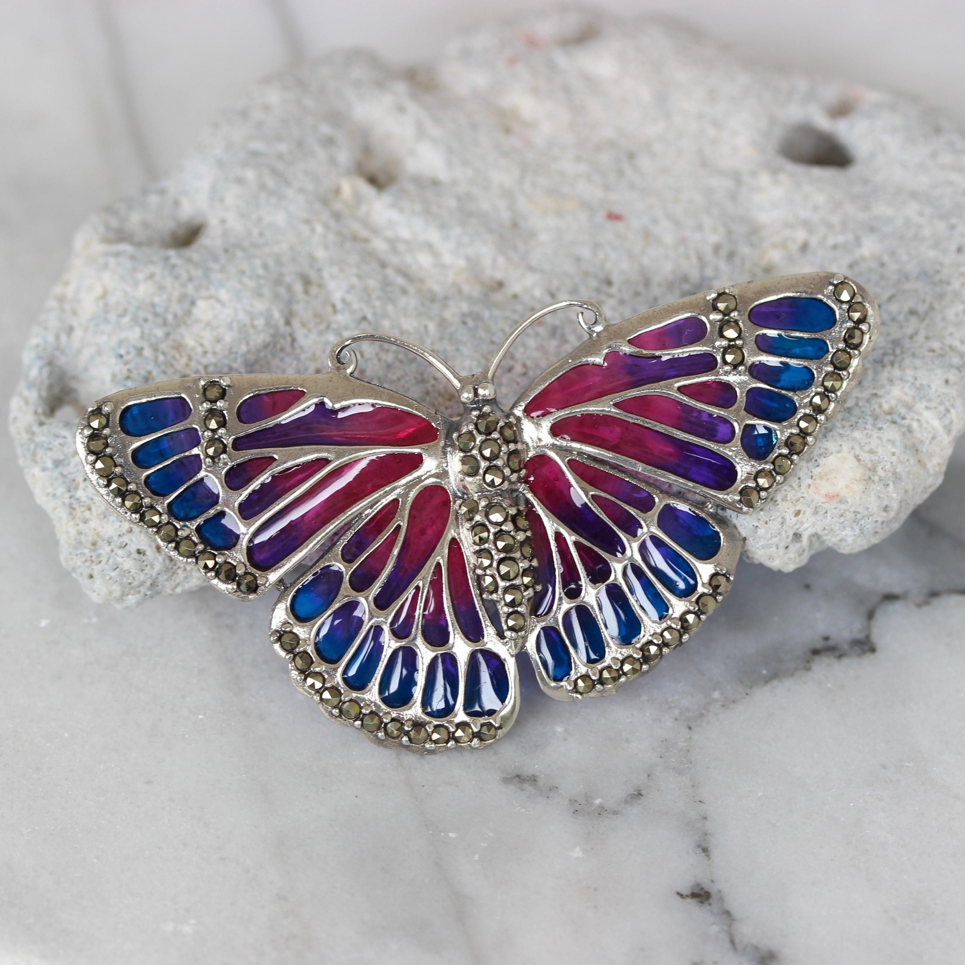 Sterling Silver Marcasite & Pink Enamel Big Butterfly Brooch Pin - STERLING SILVER DESIGNS