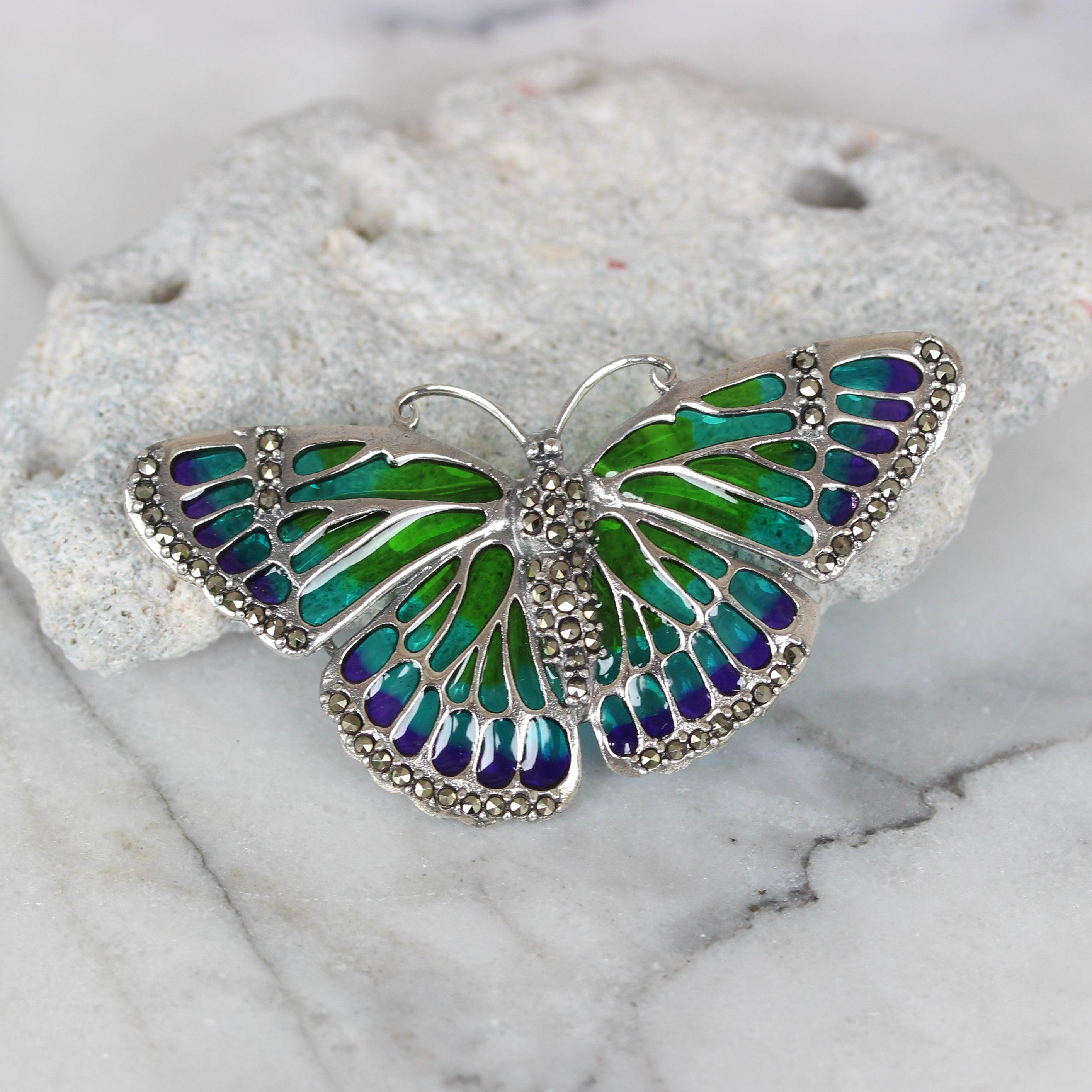 Sterling Silver Marcasite & Green/Blue Enamel Big Butterfly Brooch Pin - STERLING SILVER DESIGNS