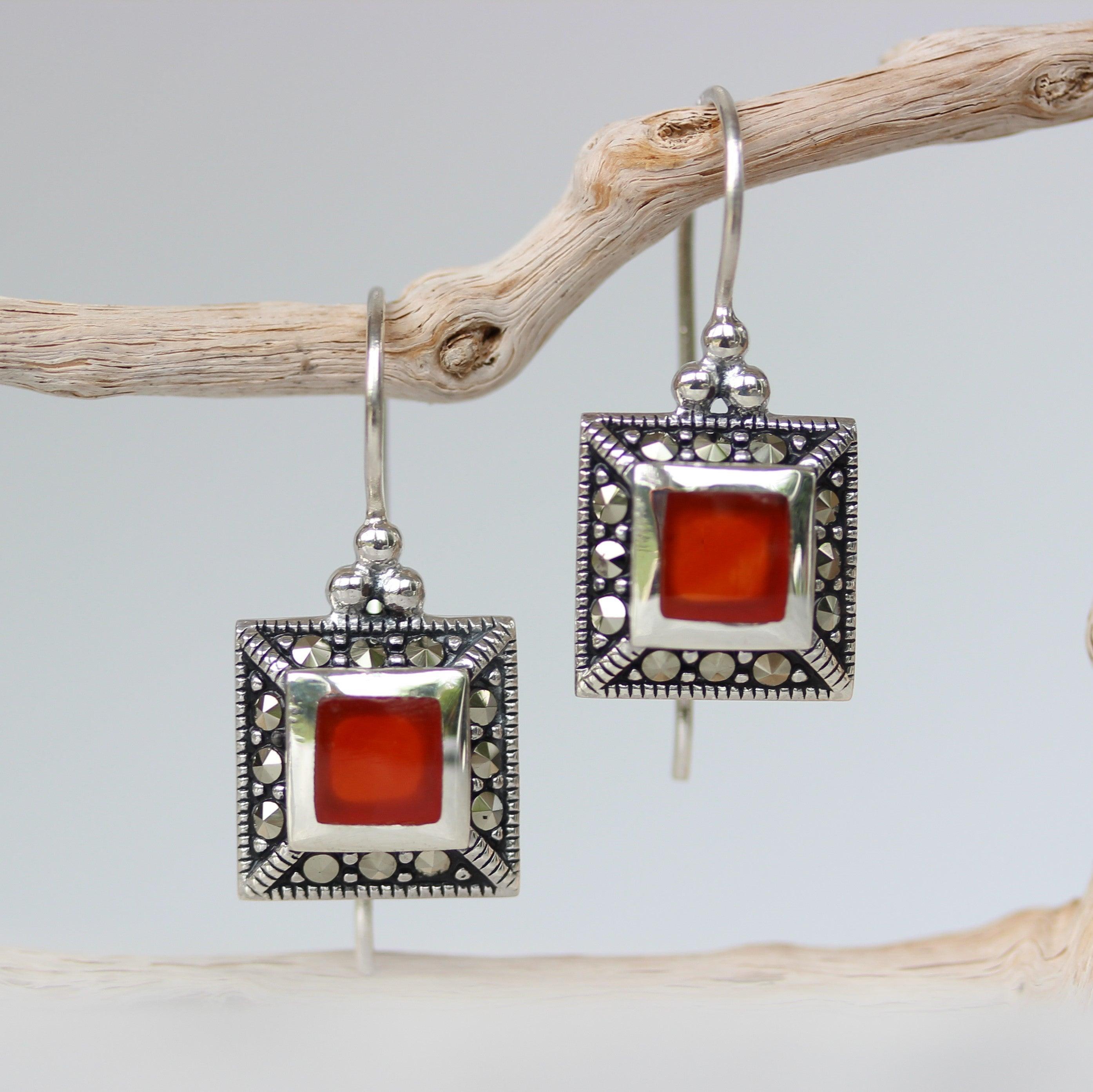 Sterling Silver Marcasite & Red Agate Square French Hook Drop Earrings - STERLING SILVER DESIGNS