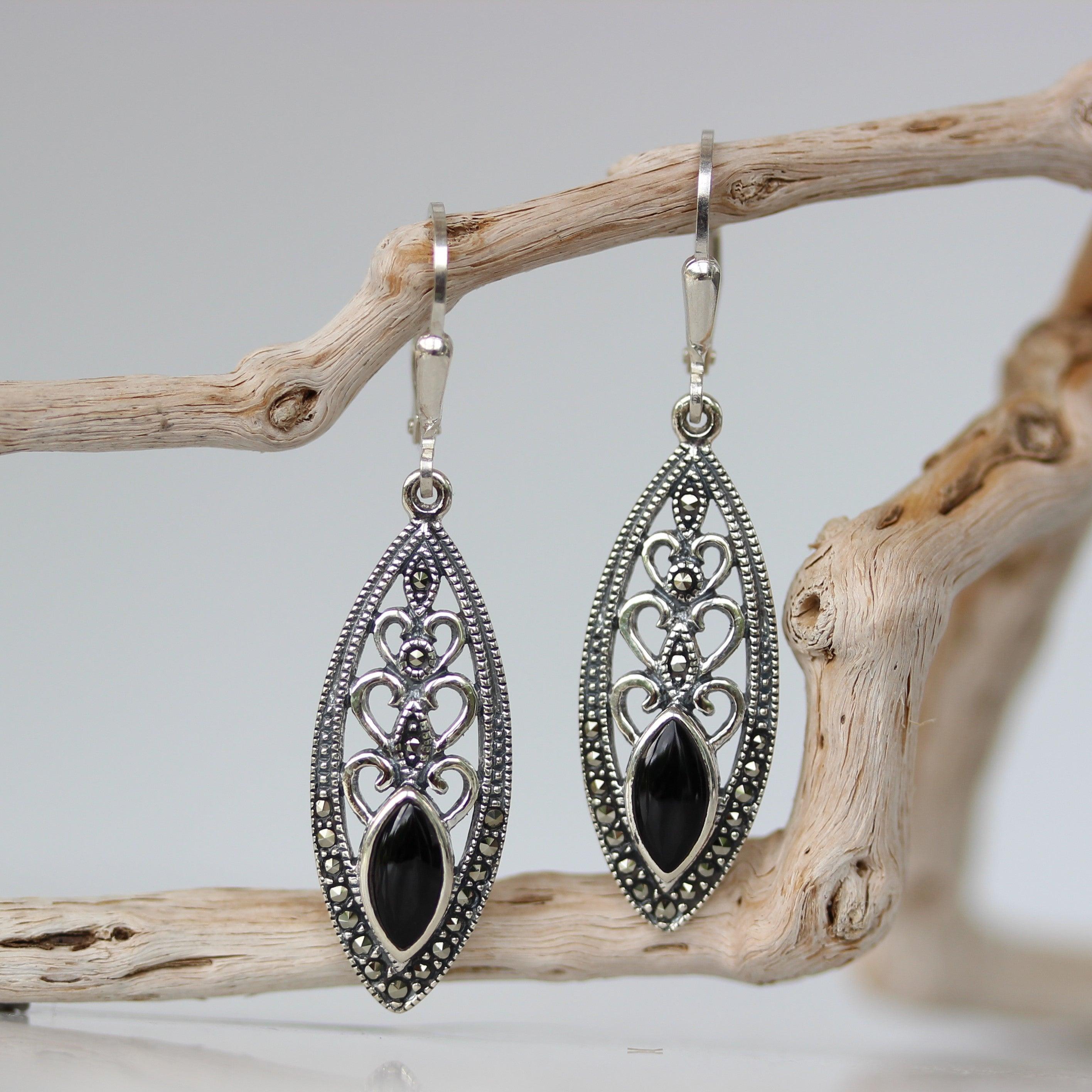 Sterling Silver Marcasite & Black Onyx Marquise Shape Leverback Drop Earrings - STERLING SILVER DESIGNS