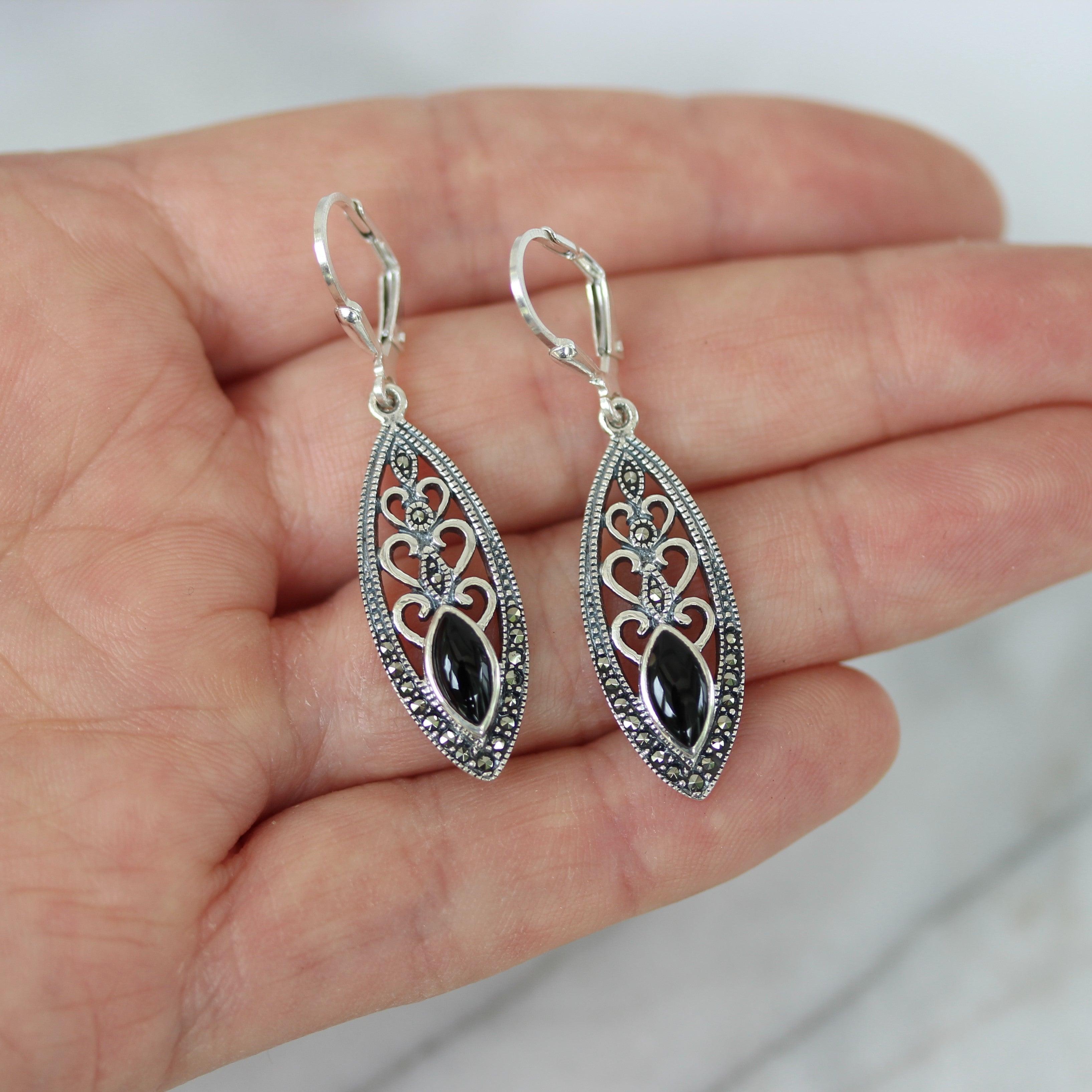 Sterling Silver Marcasite & Black Onyx Marquise Shape Leverback Drop Earrings - STERLING SILVER DESIGNS