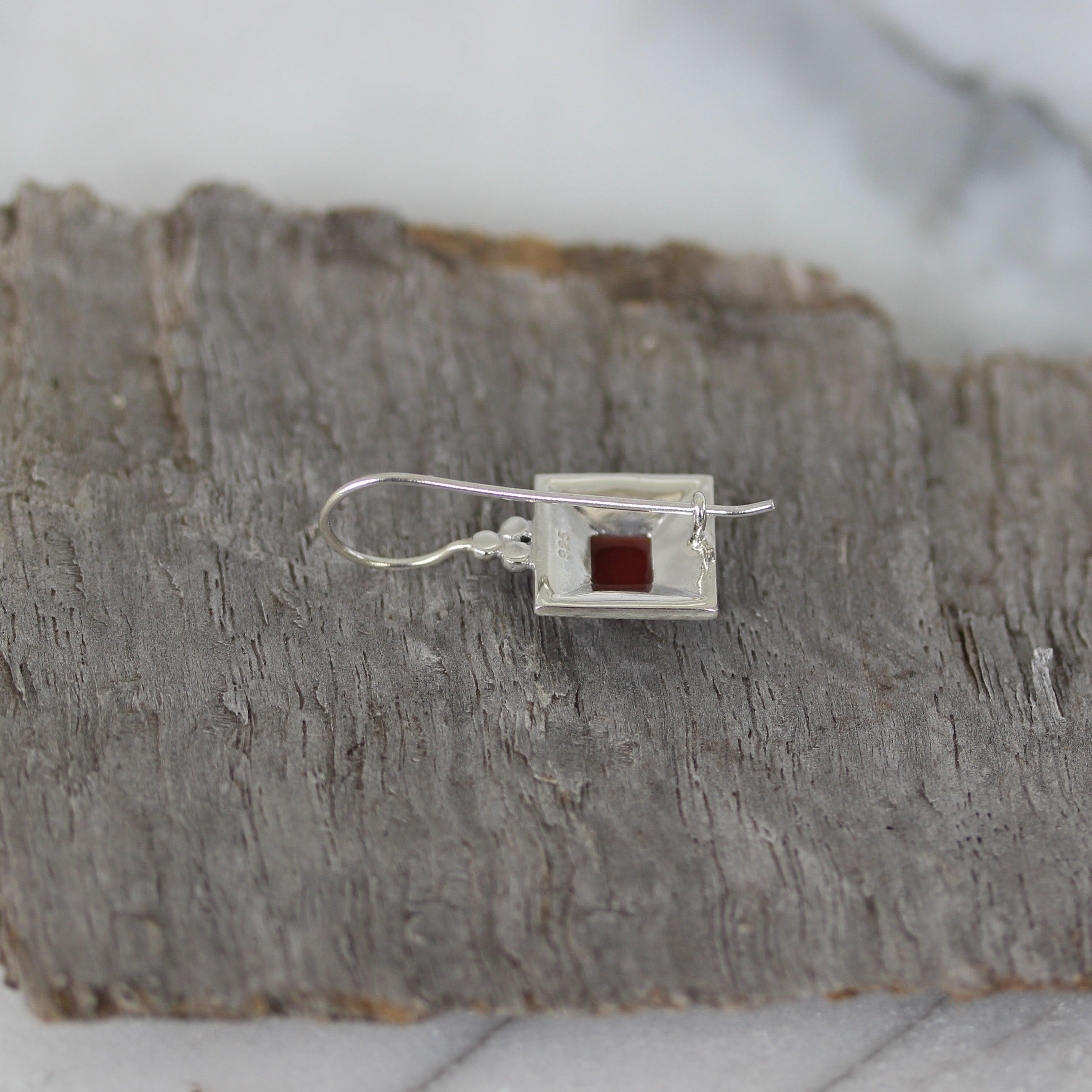 Sterling Silver Marcasite & Red Agate Square French Hook Drop Earrings - STERLING SILVER DESIGNS