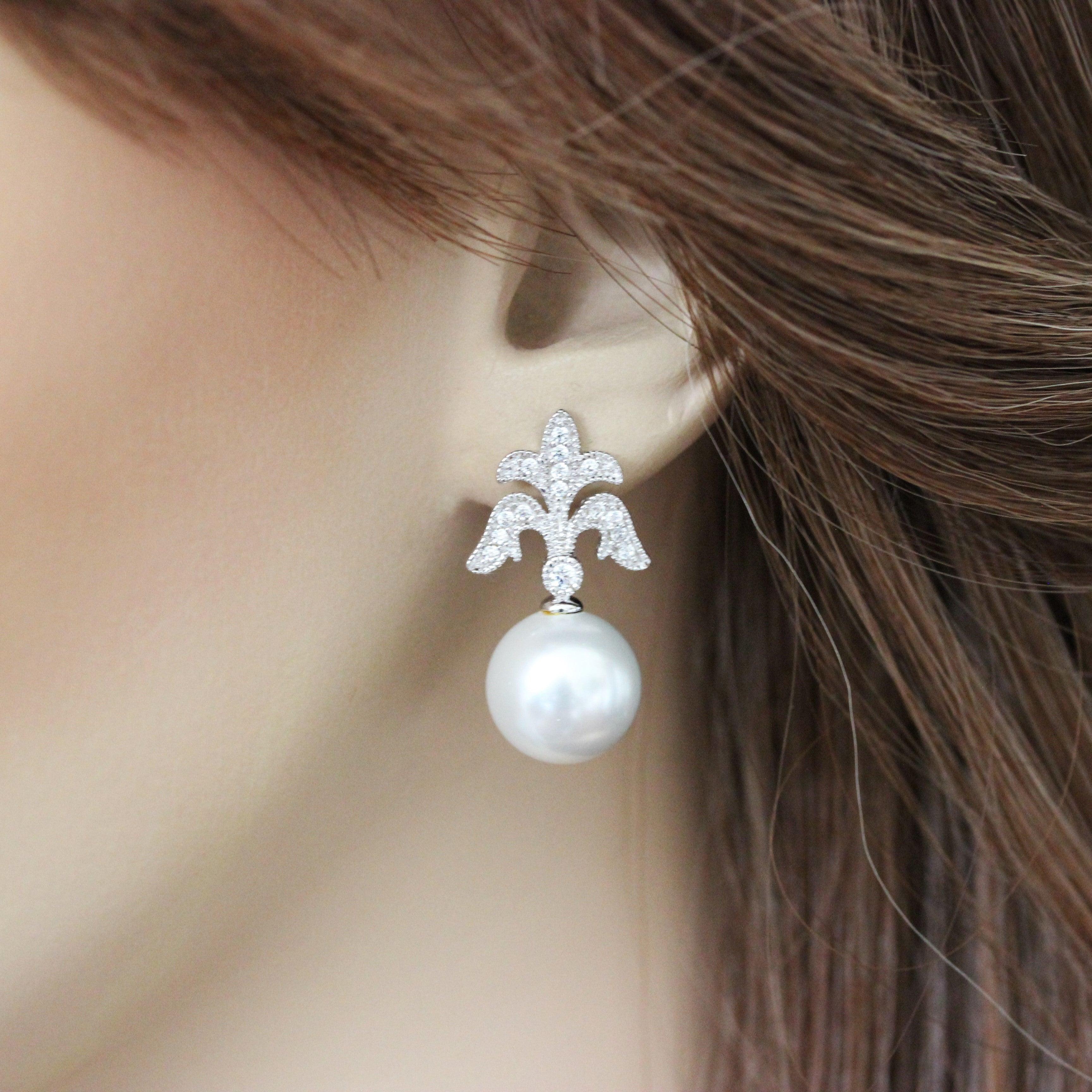 Sterling Silver Vintage Inspired Pearl & CZ Bridal Drop Earrings - STERLING SILVER DESIGNS