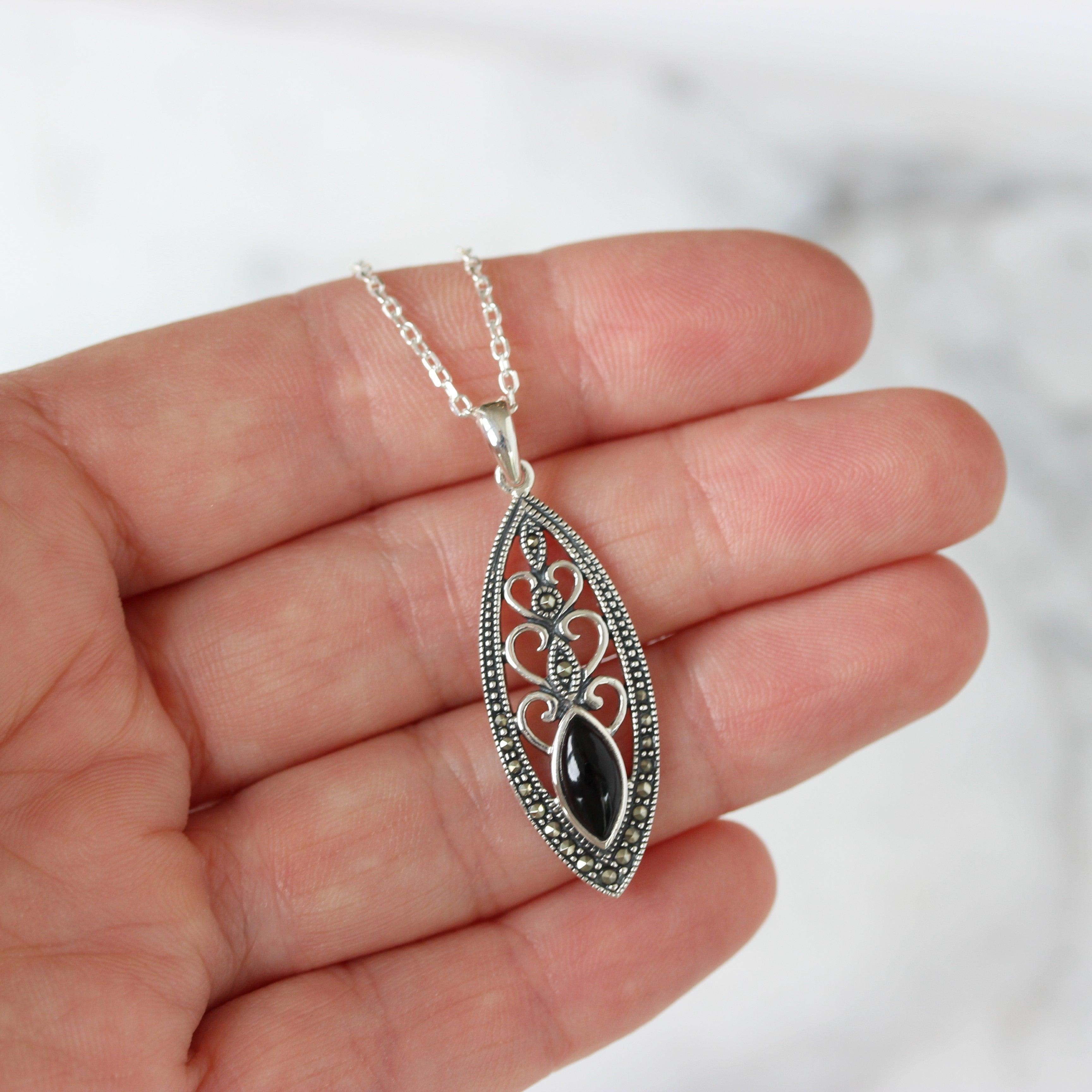 Sterling Silver Marcasite & Black Onyx Marquise Shape Pendant Necklace - STERLING SILVER DESIGNS