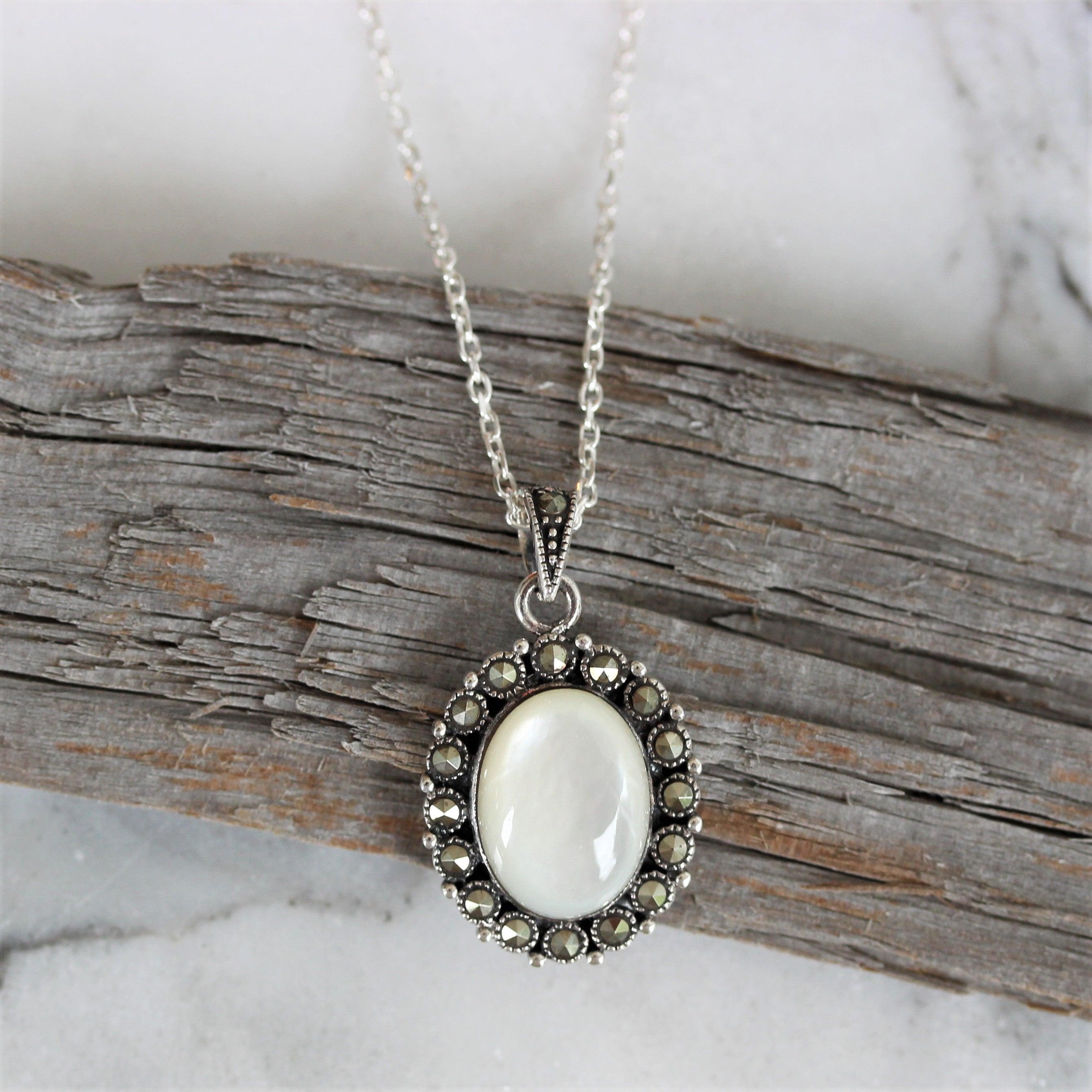 Sterling Silver Mother Of Pearl Oval Halo Necklace - STERLING SILVER DESIGNS
