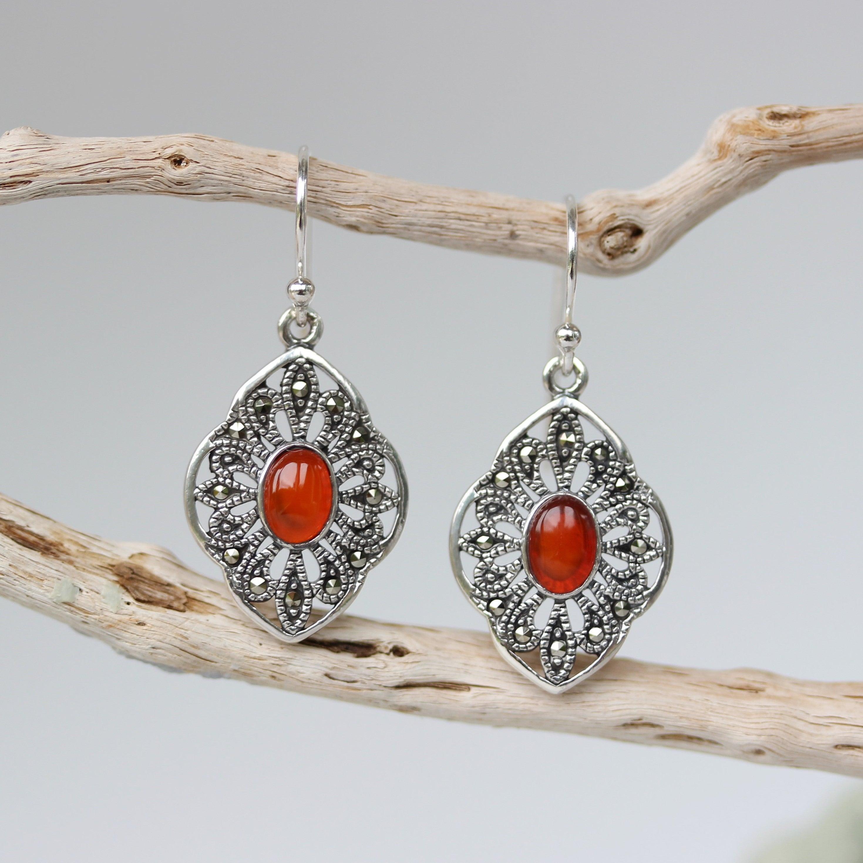 Sterling Silver Marcasite & Red Agate Hook Drop Dangle Earrings - STERLING SILVER DESIGNS