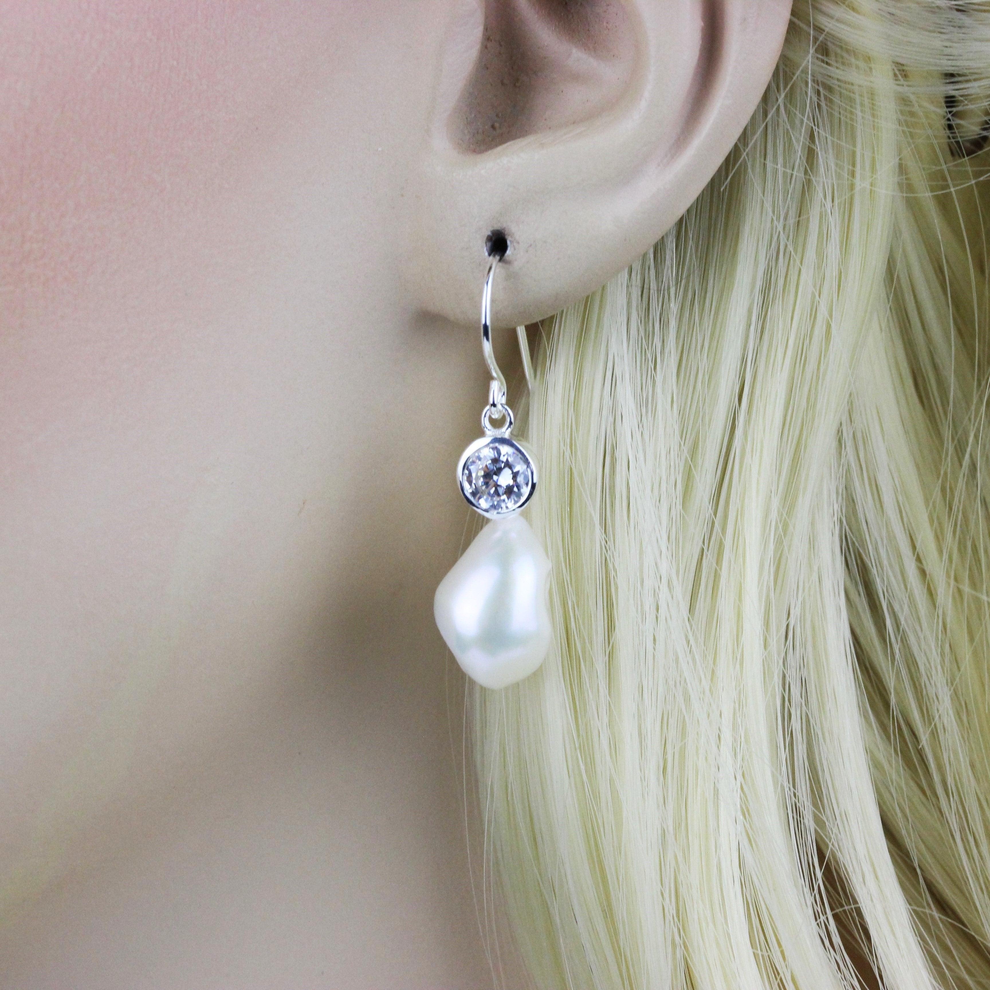 Sterling Silver Baroque Pearl & CZ Hook Drop Earrings - STERLING SILVER DESIGNS
