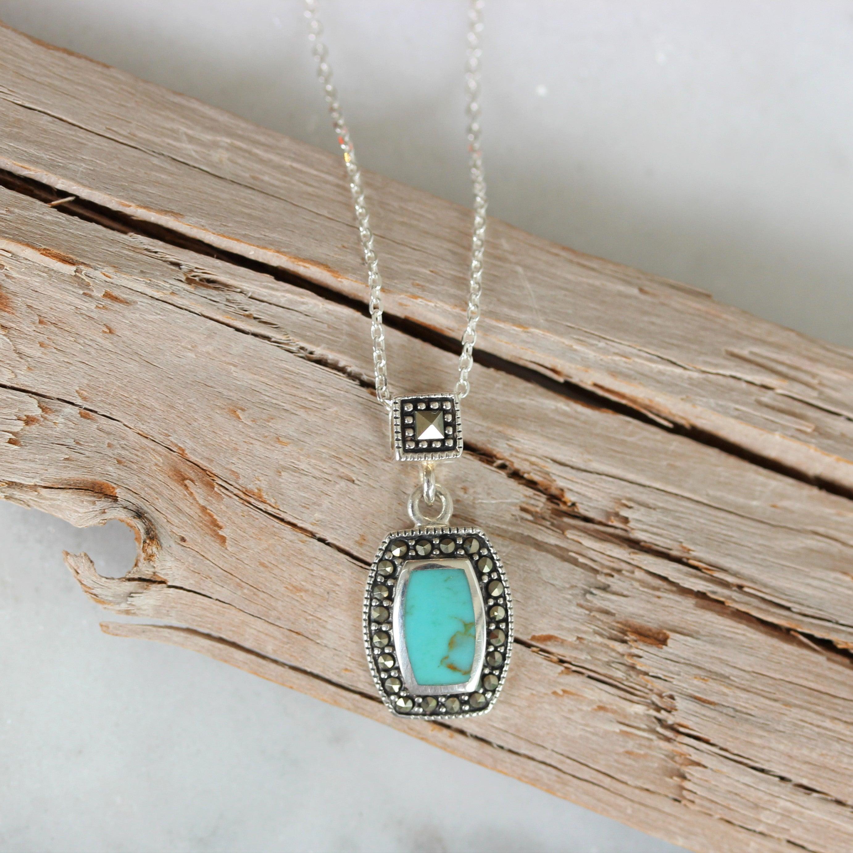 Sterling Silver Marcasite & Turquoise Slider Drop Pendant Necklace - STERLING SILVER DESIGNS