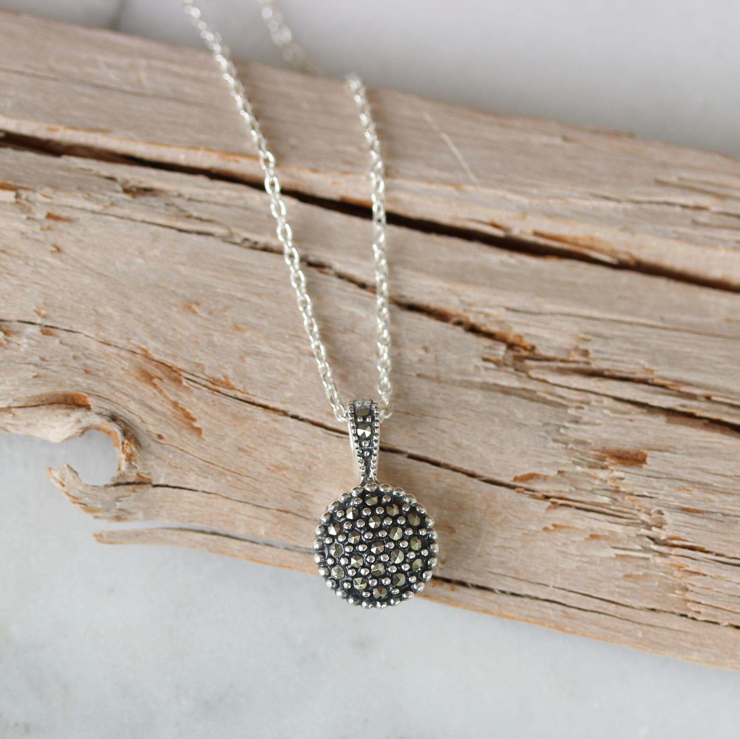 Sterling Silver 9mm Round Marcasite Pendant & Necklace - STERLING SILVER DESIGNS