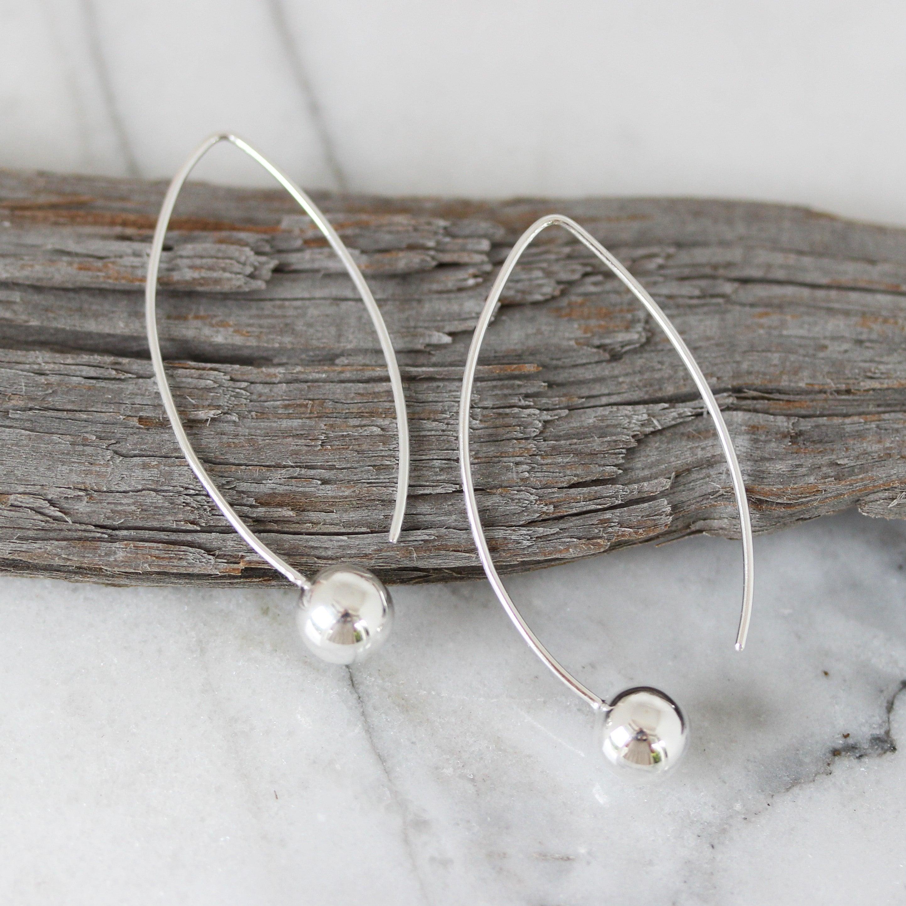 Sterling Silver Long Curved Hook With 8mm Round Ball Drop Earrings - STERLING SILVER DESIGNS