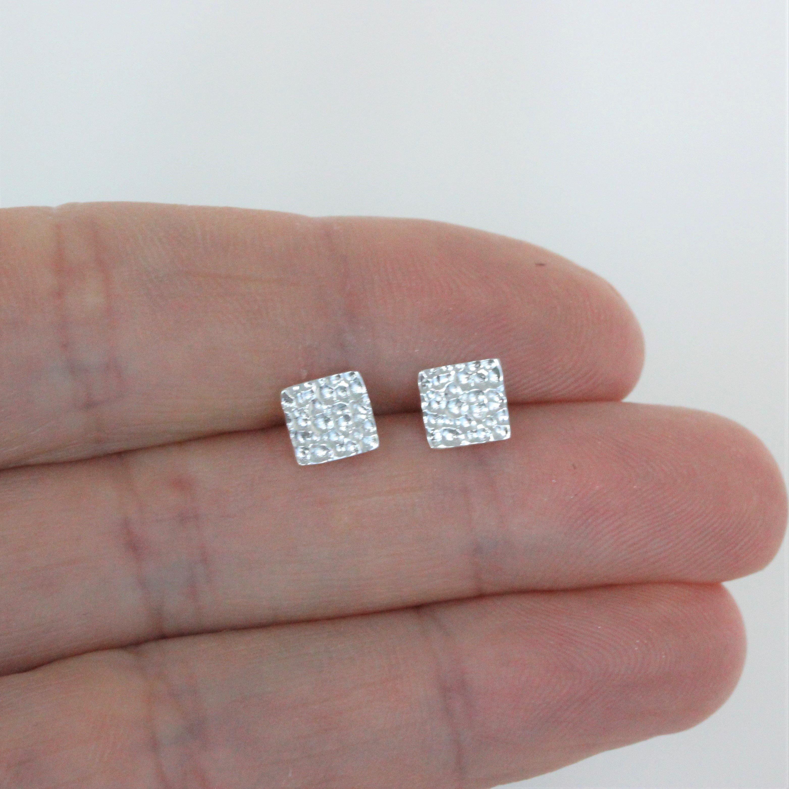 Sterling Silver Small 6mm Square Matte,Hammered Beaten Stud Earrings - STERLING SILVER DESIGNS