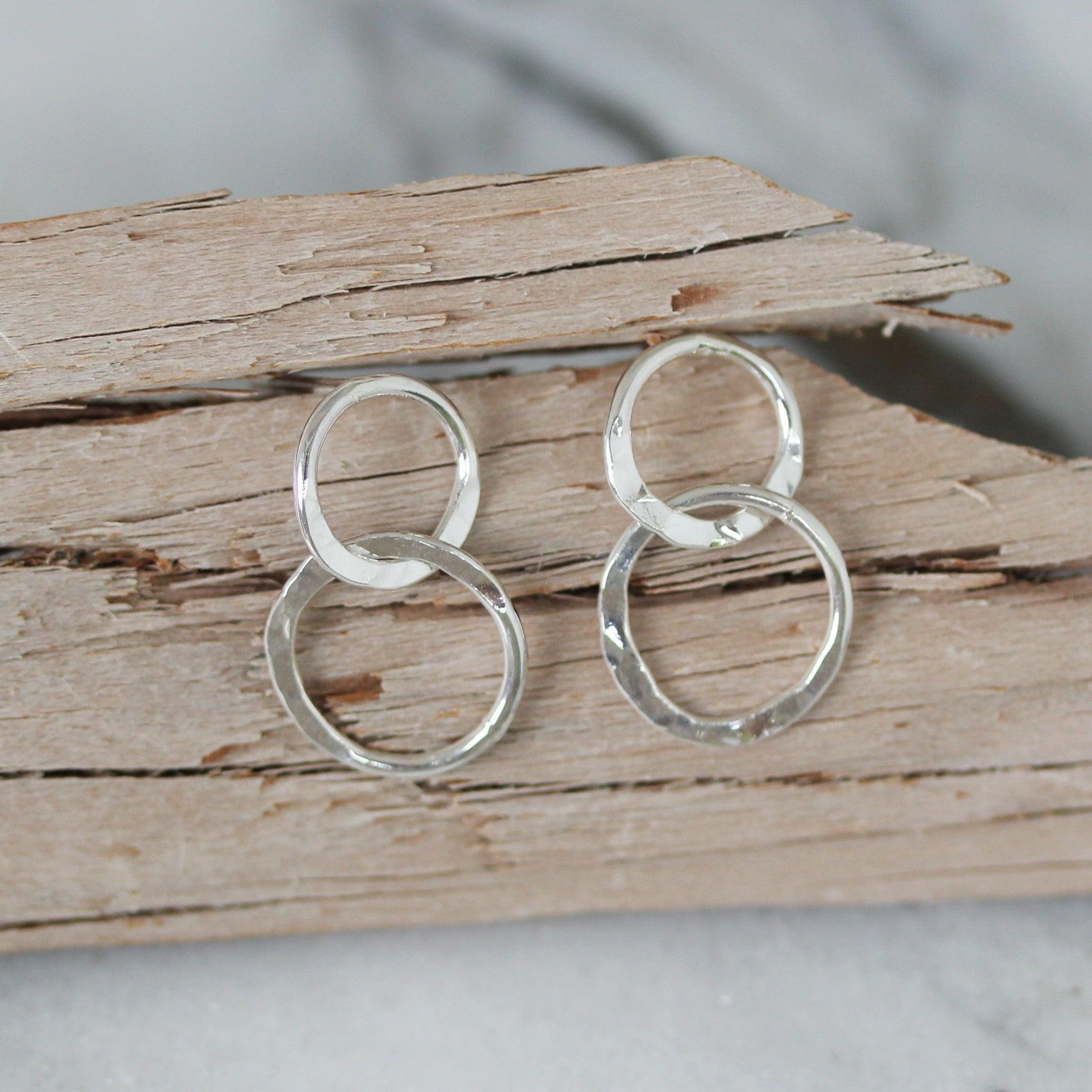 Sterling Silver Hammered Beaten Double Circle Drop Stud Earrings - STERLING SILVER DESIGNS