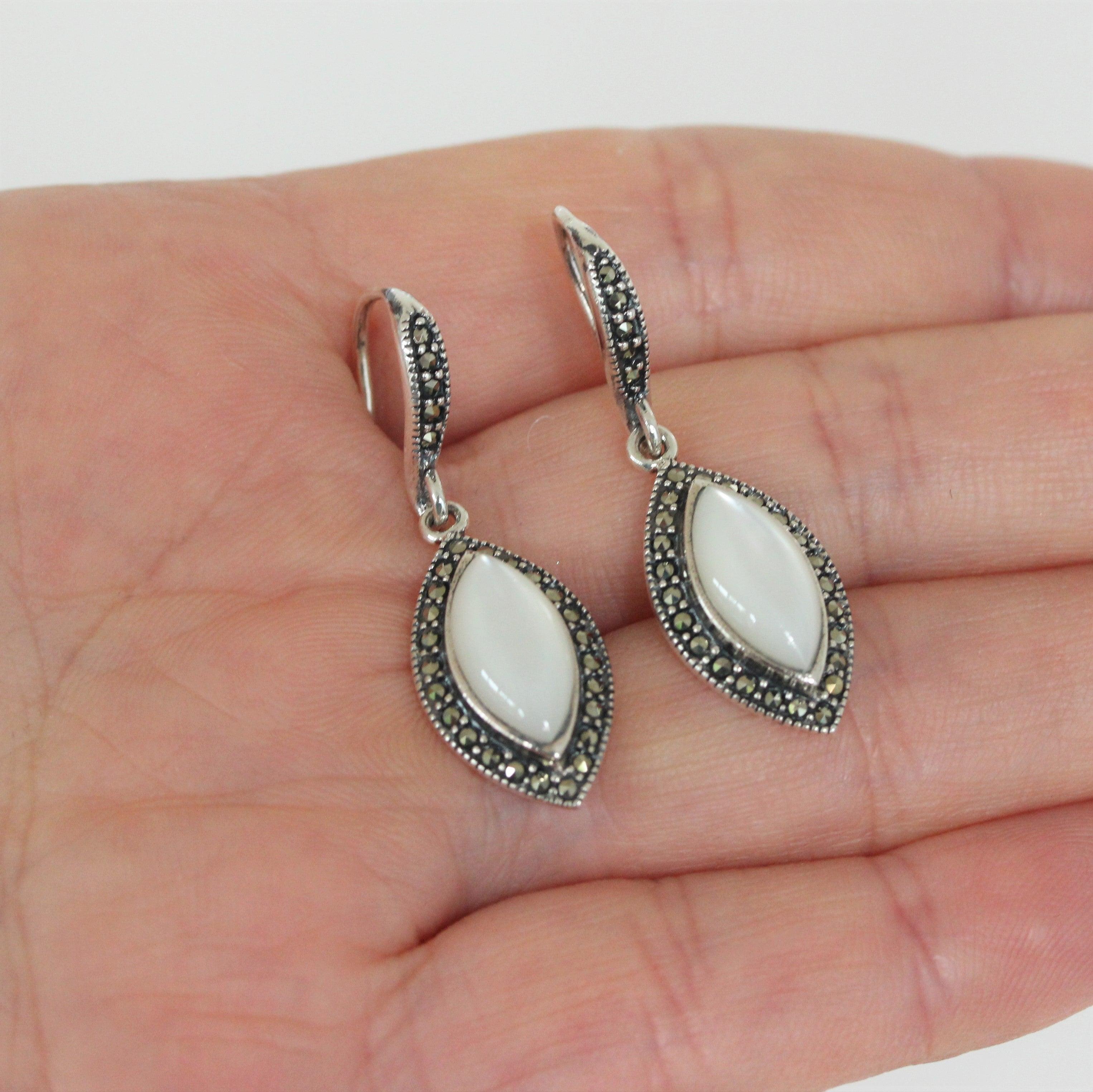 Sterling Silver Marcasite & Mother Of Pearl Marquise Drop Dangle Earrings - STERLING SILVER DESIGNS