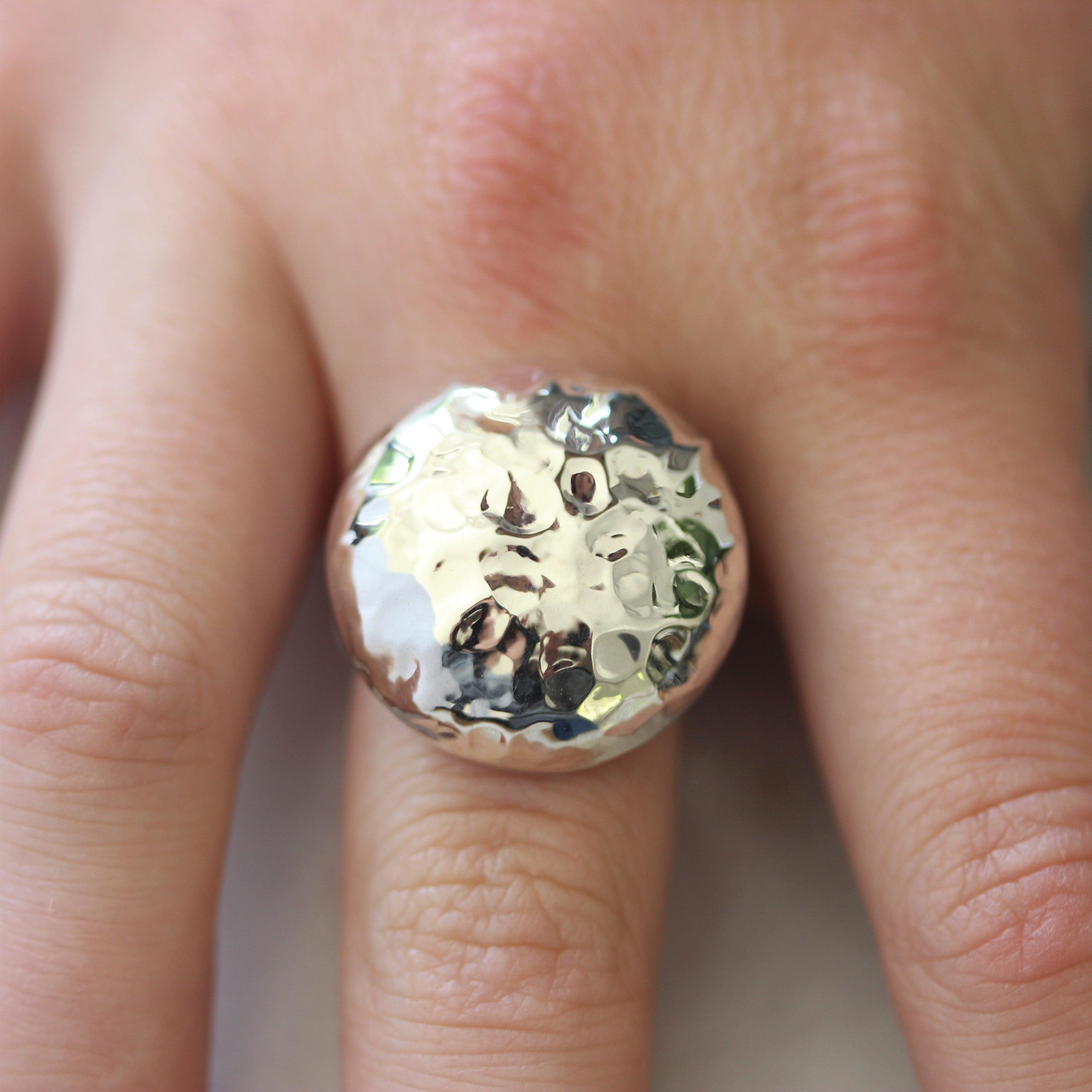 Sterling Silver Hammered Beaten 25mm Round Dome Adjustable Ring - STERLING SILVER DESIGNS