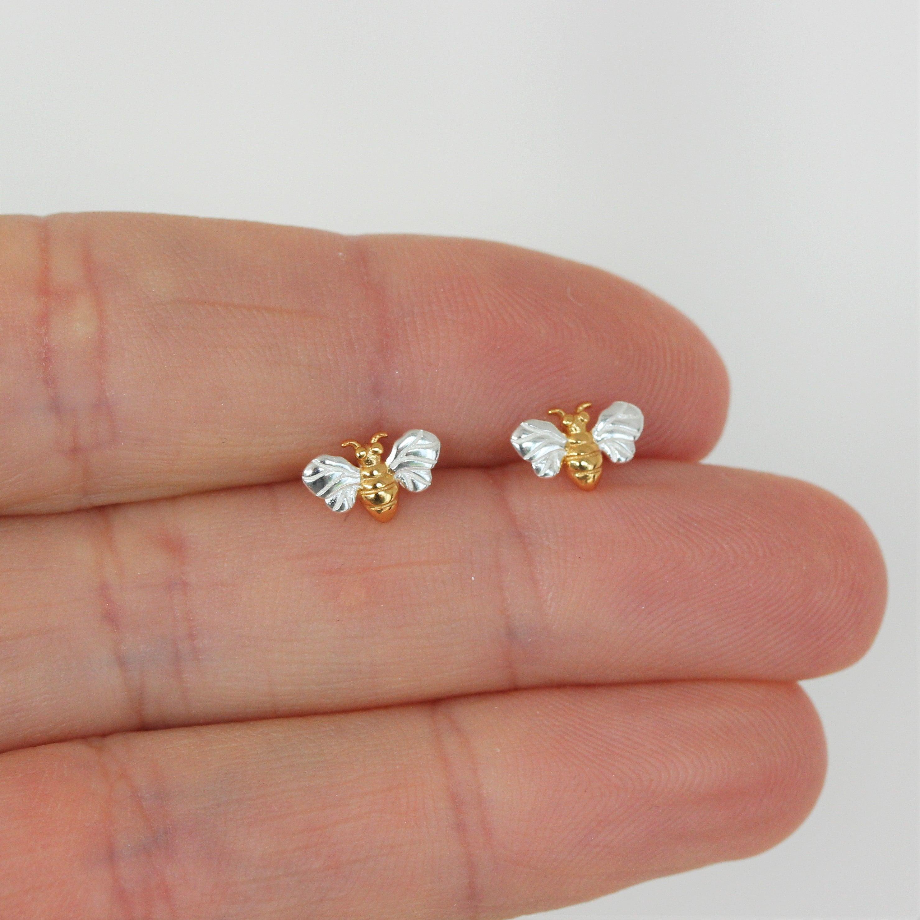Sterling Silver Yellow Gold Plate Two Tone Small Bumblebee Bee Stud Earrings - STERLING SILVER DESIGNS