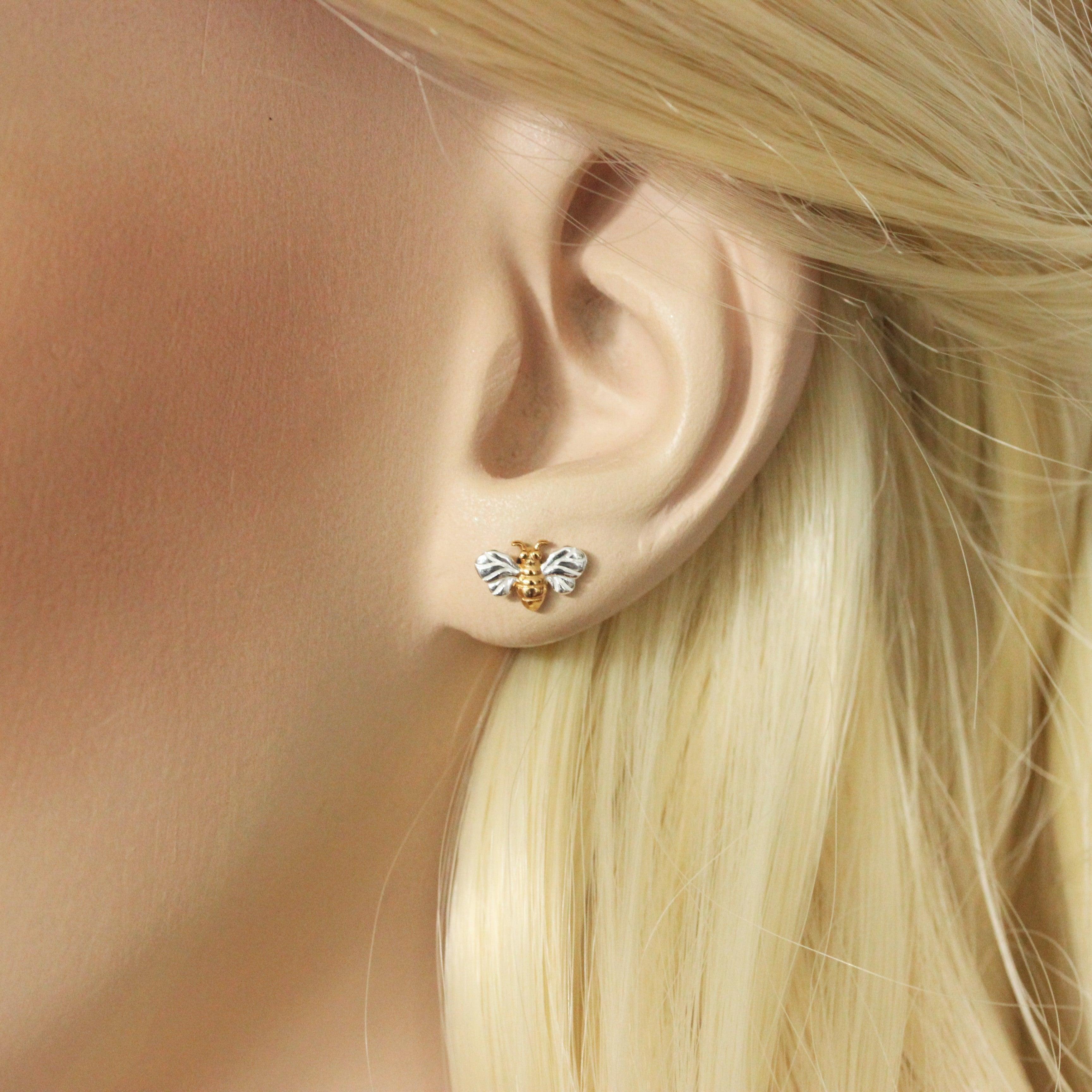 Sterling Silver Yellow Gold Plate Two Tone Small Bumblebee Bee Stud Earrings - STERLING SILVER DESIGNS
