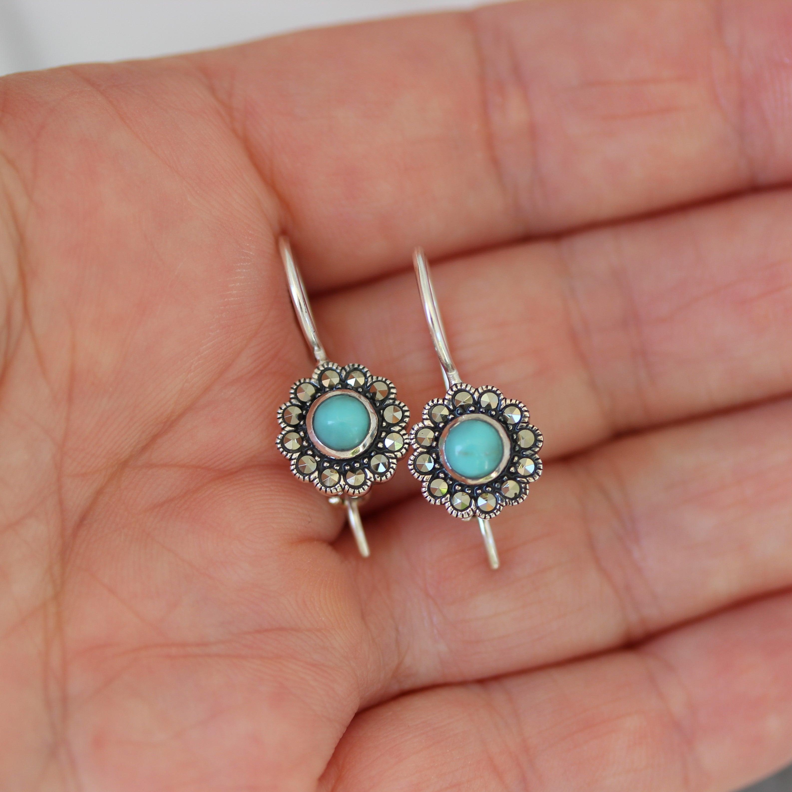 Sterling Silver Marcasite & Turquoise 10mm French Hook Drop Earrings - STERLING SILVER DESIGNS