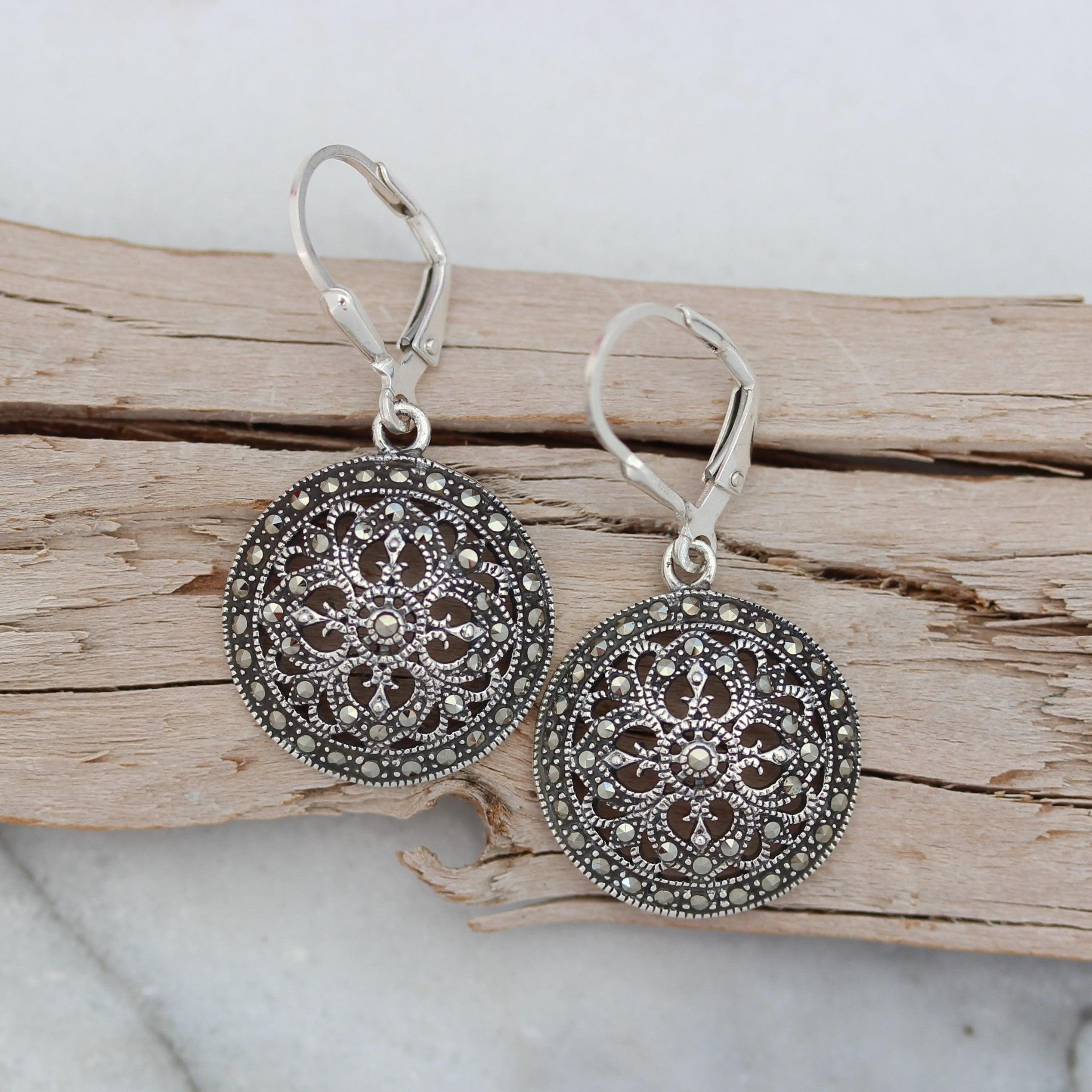 Sterling Silver Marcasite Big 32mm Round Leverback Drop Dangle Earrings - STERLING SILVER DESIGNS