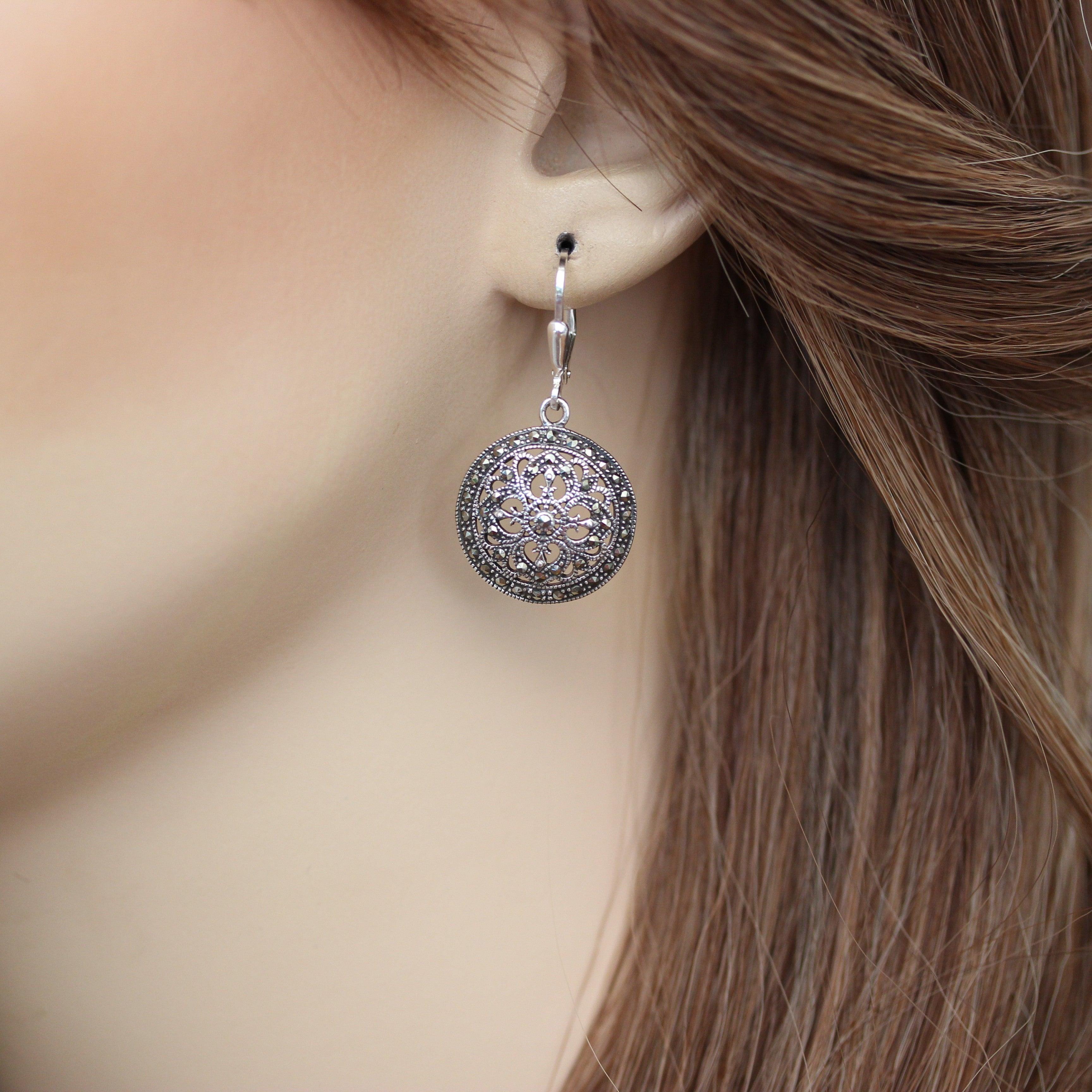 Sterling Silver Marcasite Big 32mm Round Leverback Drop Dangle Earrings - STERLING SILVER DESIGNS