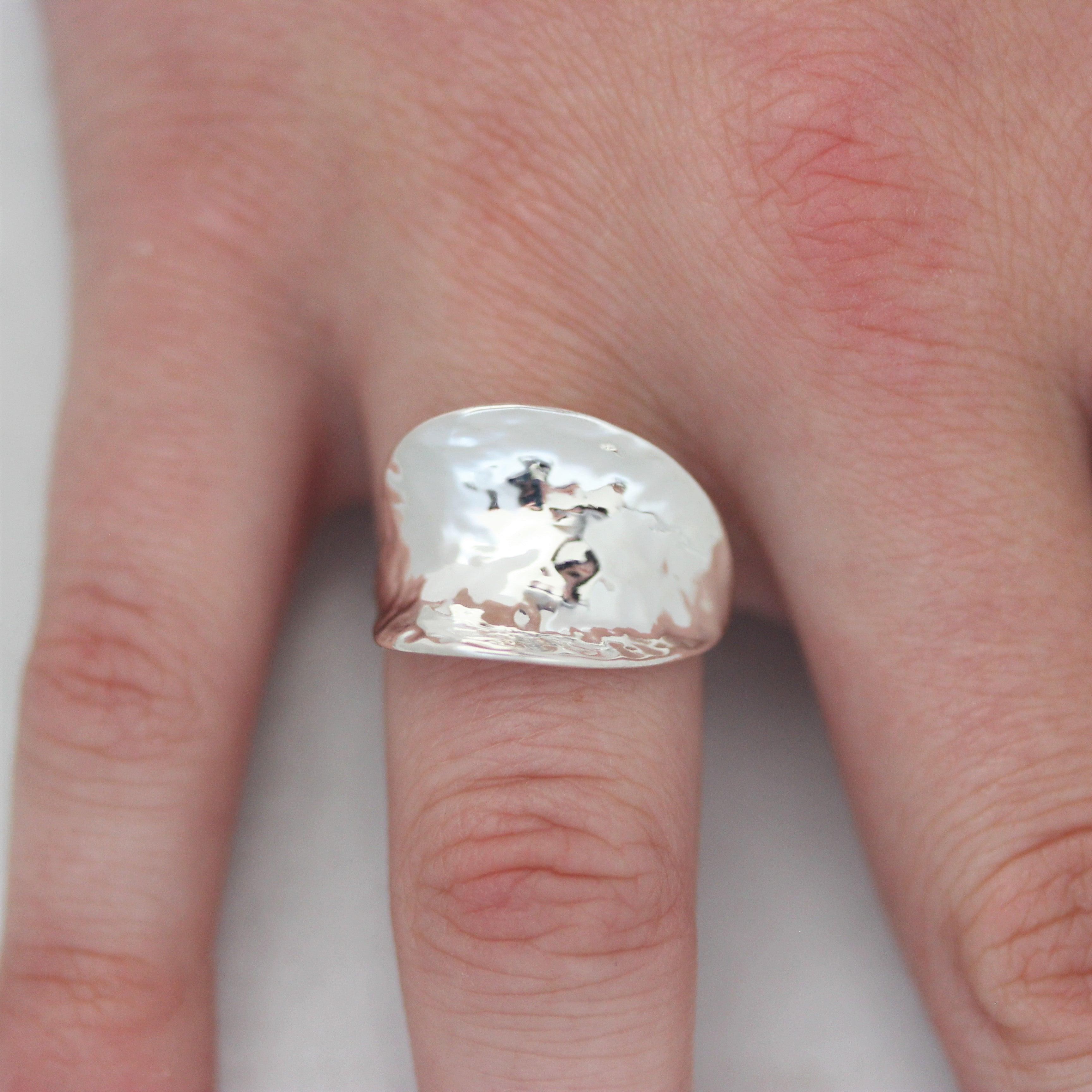 Sterling Silver Modern Asymmetrical Hammered Beaten Wide Ring - STERLING SILVER DESIGNS