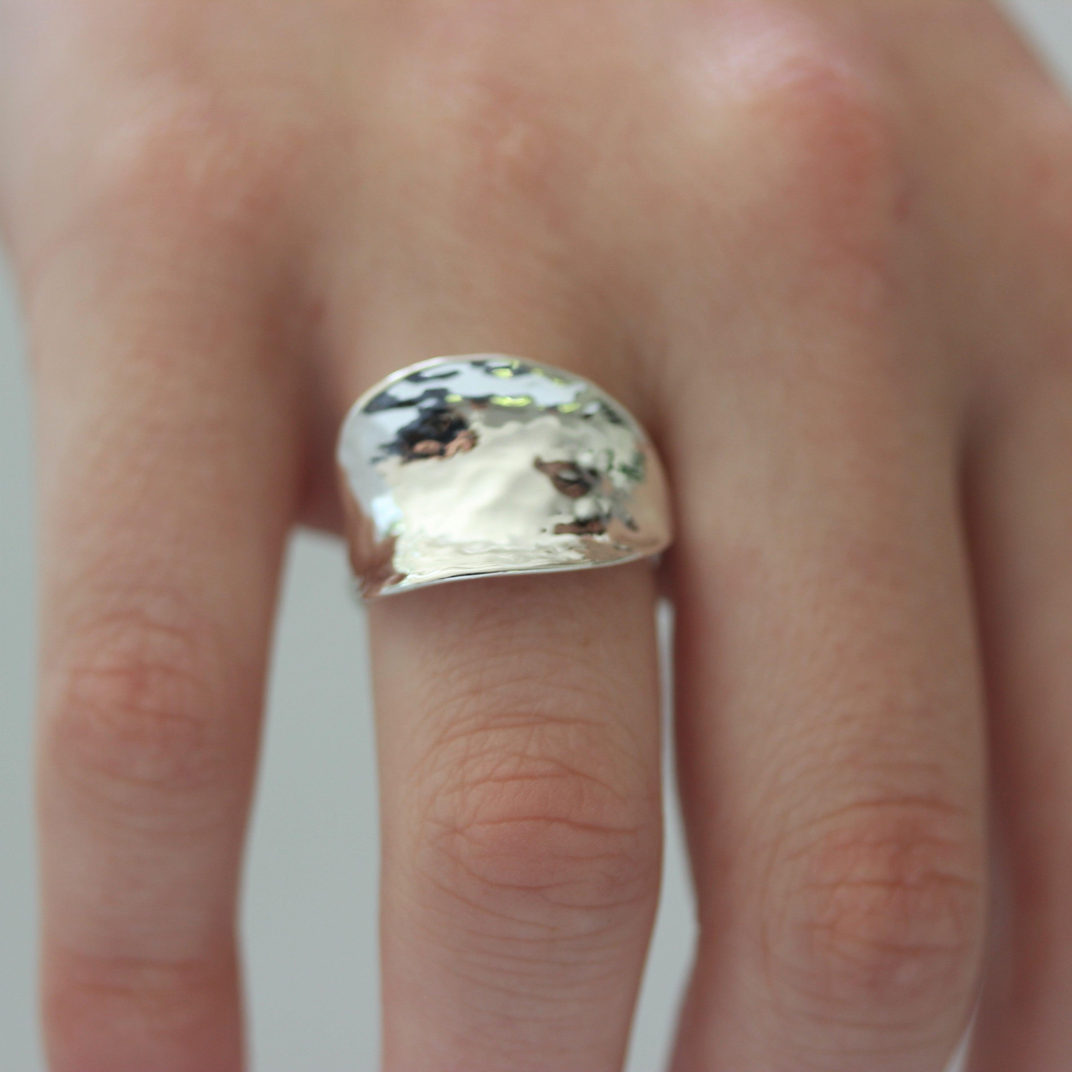 Sterling Silver Modern Asymmetrical Hammered Beaten Wide Ring - STERLING SILVER DESIGNS