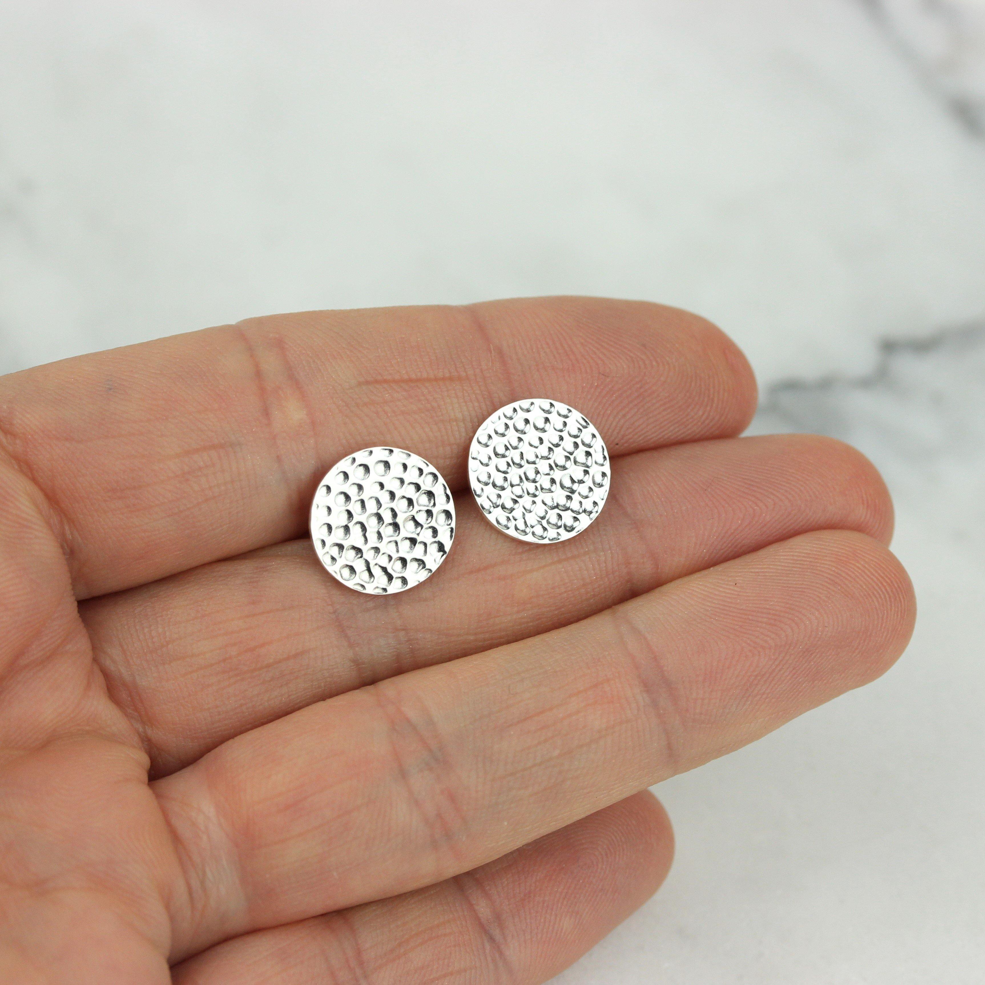 Sterling Silver 12mm Round Hammered Beaten Flat Disc Stud Earrings - STERLING SILVER DESIGNS
