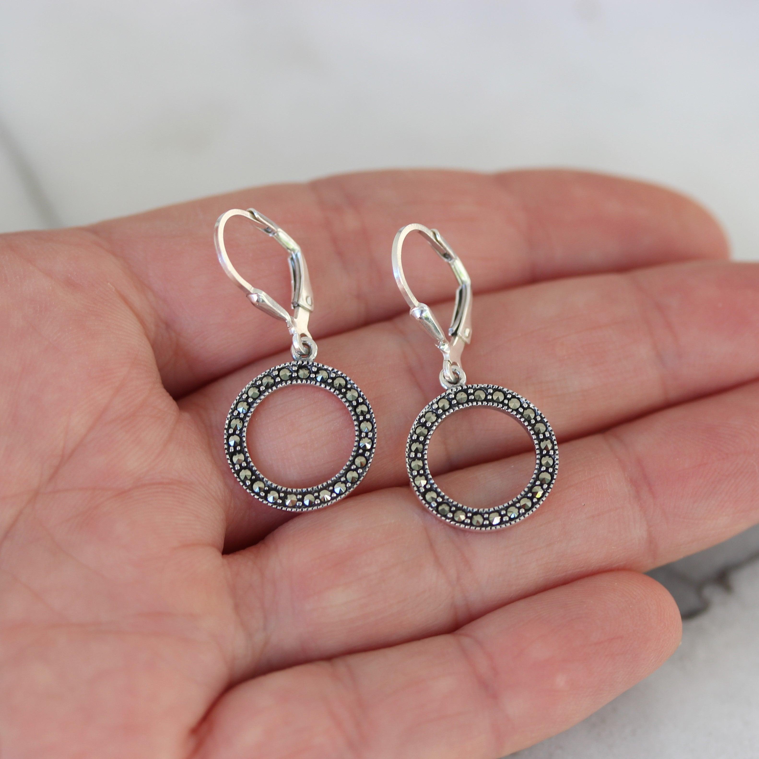 Sterling Silver Marcasite 15mm Cut Out Circle "O" Leverback Drop Earring - STERLING SILVER DESIGNS