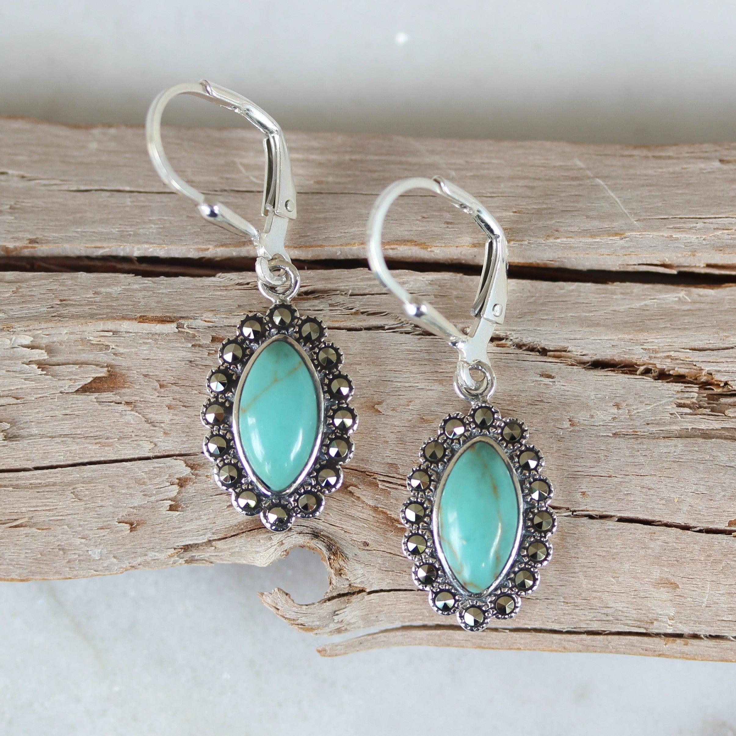 Sterling Silver Marcasite & Turquoise Marquise Shape Leverback Drop Earrings - STERLING SILVER DESIGNS