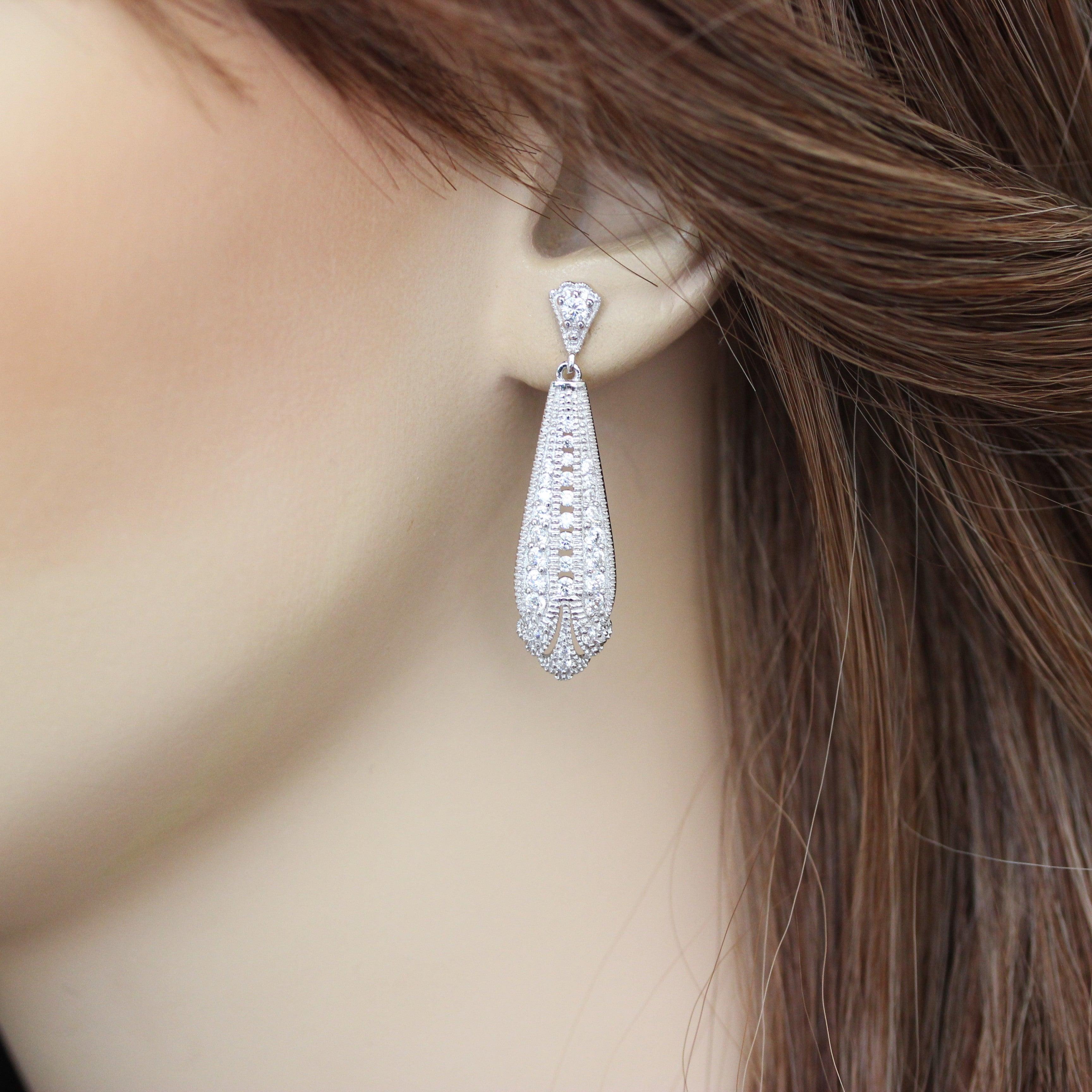 Sterling Silver Art Deco Inspired CZ Bridal Wedding Drop Earrings - STERLING SILVER DESIGNS