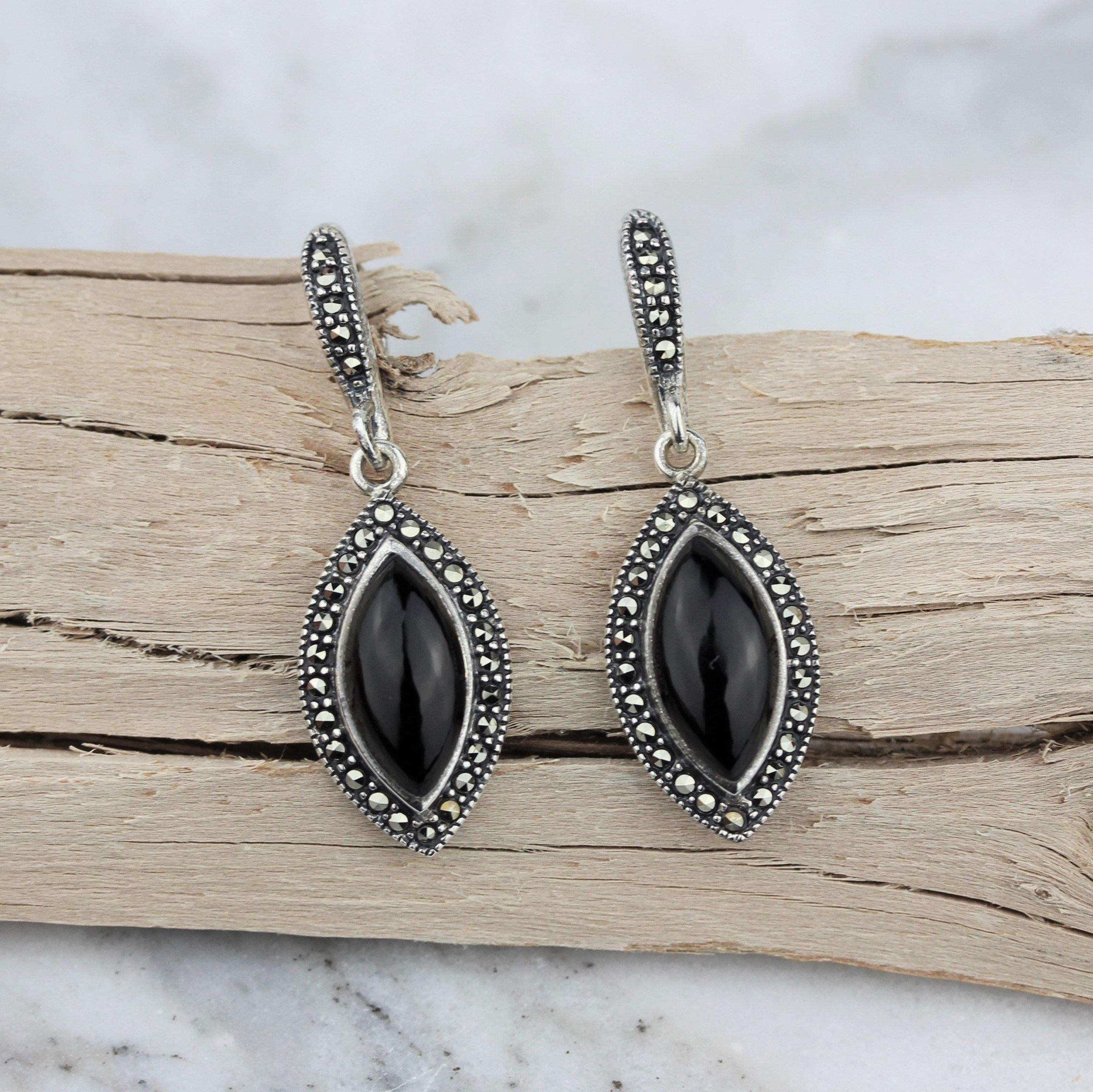 Sterling Silver Marcasite & Black Onyx Marquise Shape Halo Drop Dangle Earrings - STERLING SILVER DESIGNS