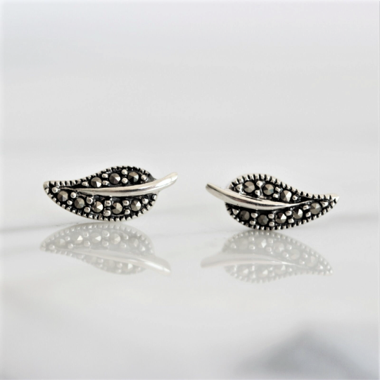 Sterling Silver Small Feather Leaf Boho Style Marcasite Stud Earrings - STERLING SILVER DESIGNS