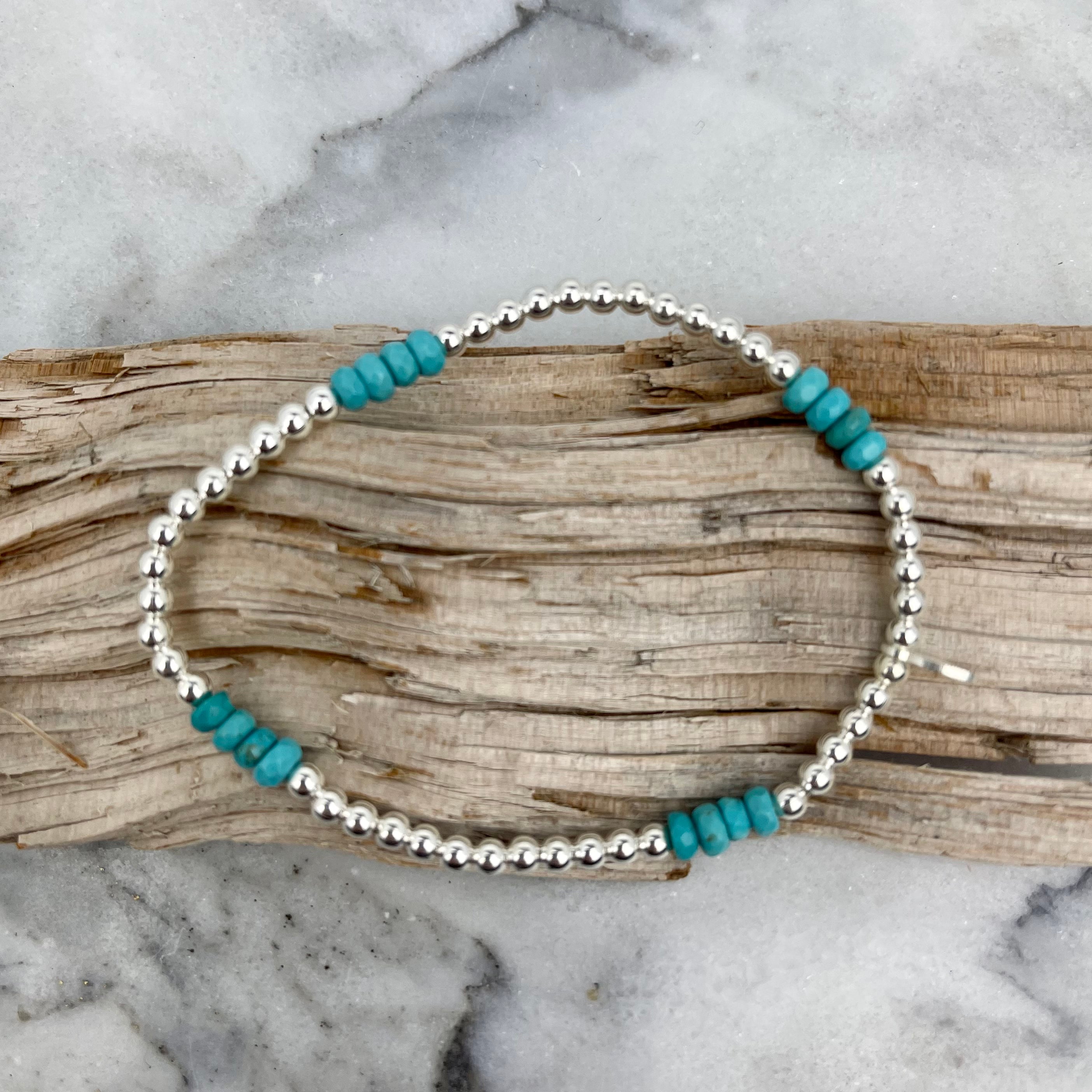 Sterling Silver 3 x 4mm Small Bead Balls & Turquoise 17.5cm Stretch Bracelet - STERLING SILVER DESIGNS