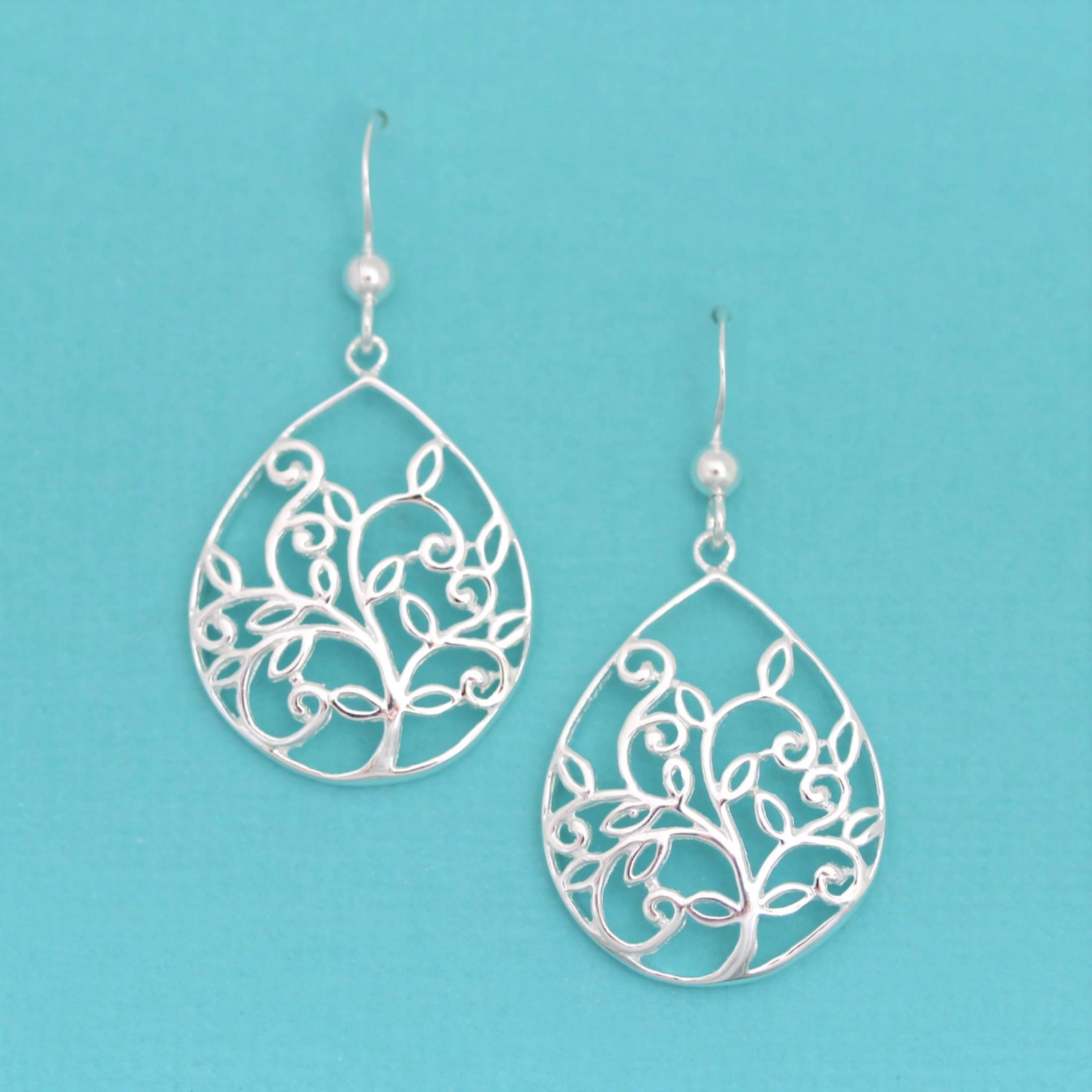 Sterling Silver Cut Out Tree of Life Leaves Leaf Hook Drop Earrings - STERLING SILVER DESIGNS