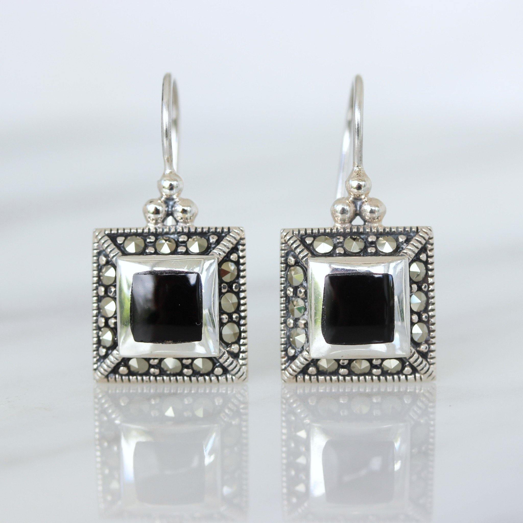 Sterling Silver Marcasite & Black Onyx Square Shape French Hook Drop Earrings - STERLING SILVER DESIGNS