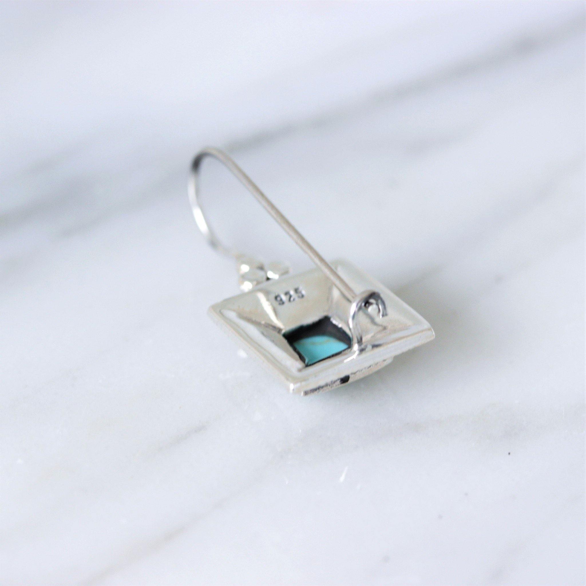 Sterling Silver Marcasite & Turquoise Square French Hook Leverback Drop Earrings - STERLING SILVER DESIGNS