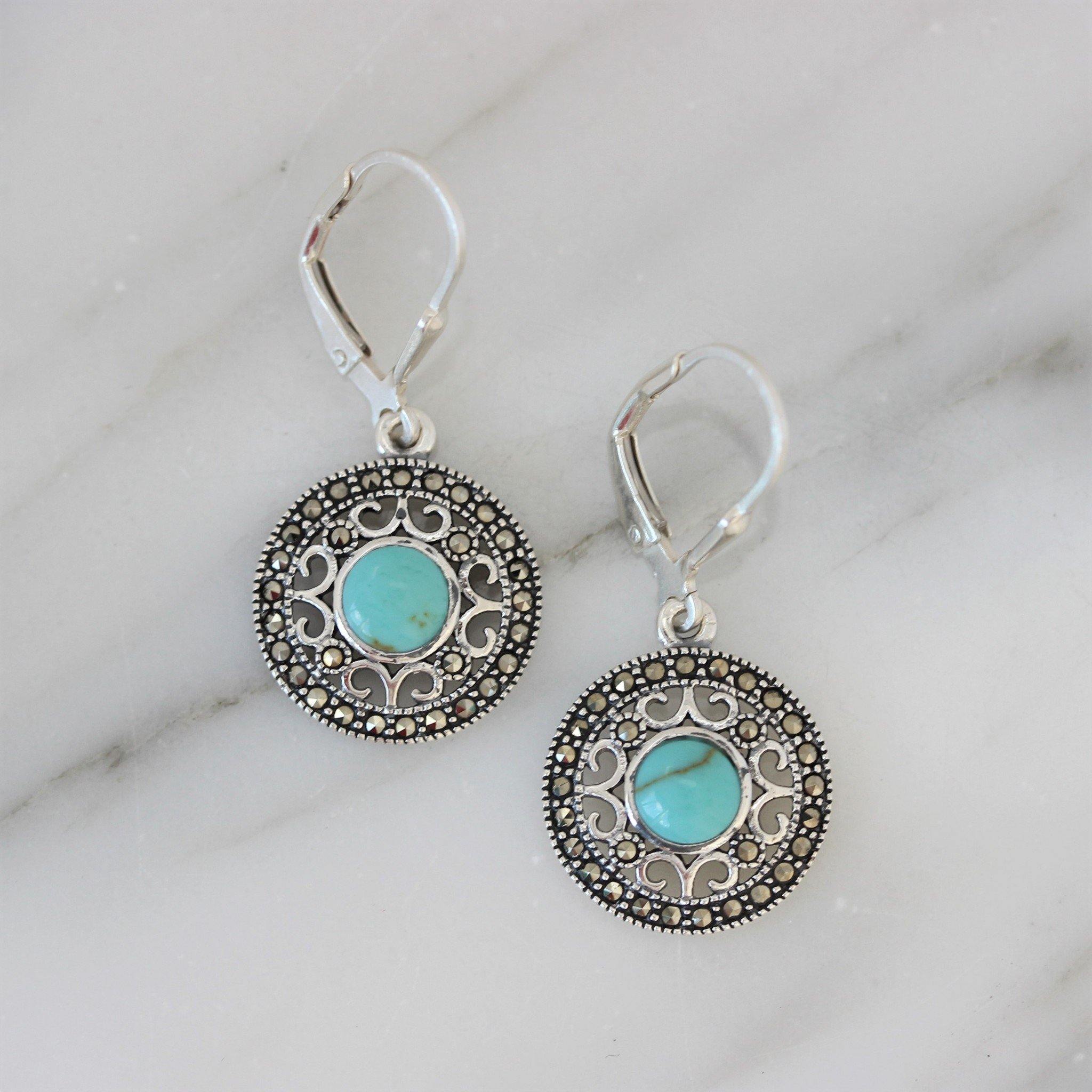 Sterling Silver Marcasite & Turquoise Filigree Leverback Drop Earrings - STERLING SILVER DESIGNS