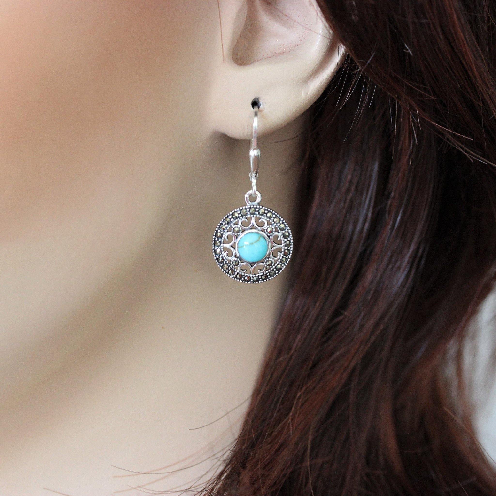 Sterling Silver Marcasite & Turquoise Filigree Leverback Drop Earrings - STERLING SILVER DESIGNS