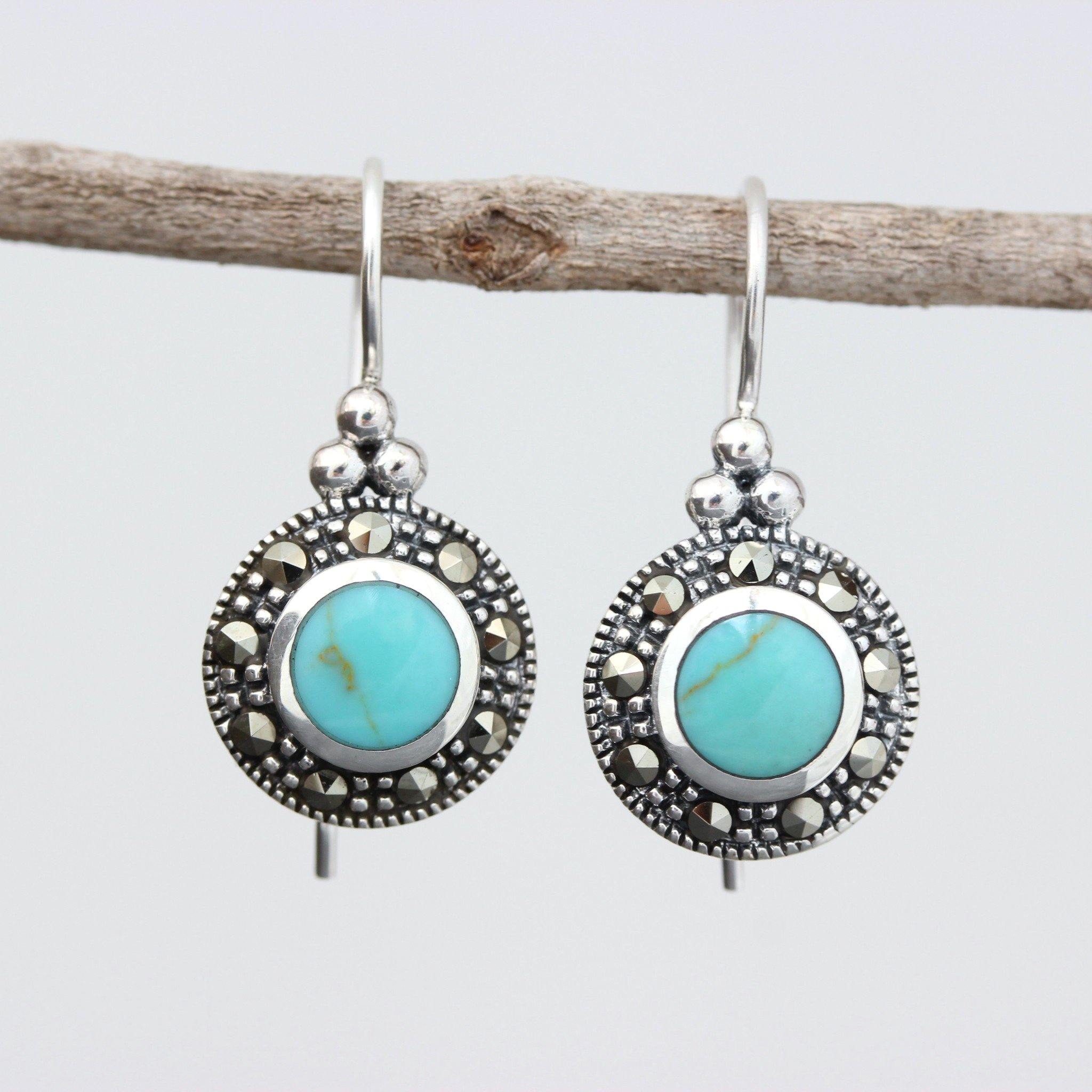 Sterling Silver Marcasite & Turquoise French Hook Drop Earrings - STERLING SILVER DESIGNS
