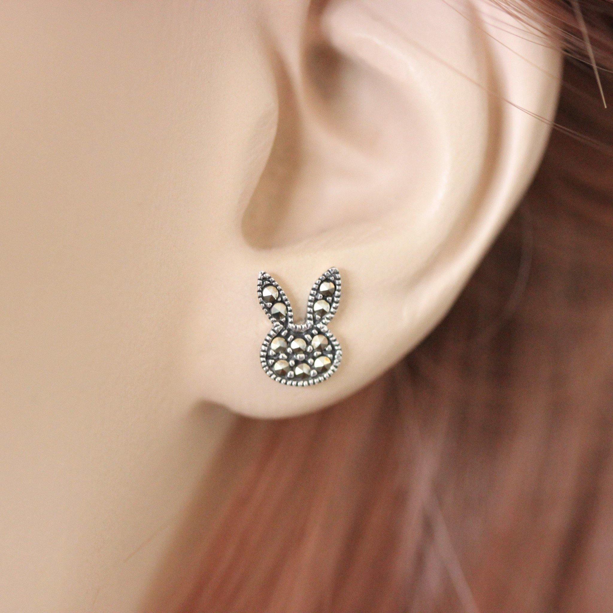 Sterling Silver Marcasite Vintage Style Bunny Rabbit Ears Stud Earrings - STERLING SILVER DESIGNS
