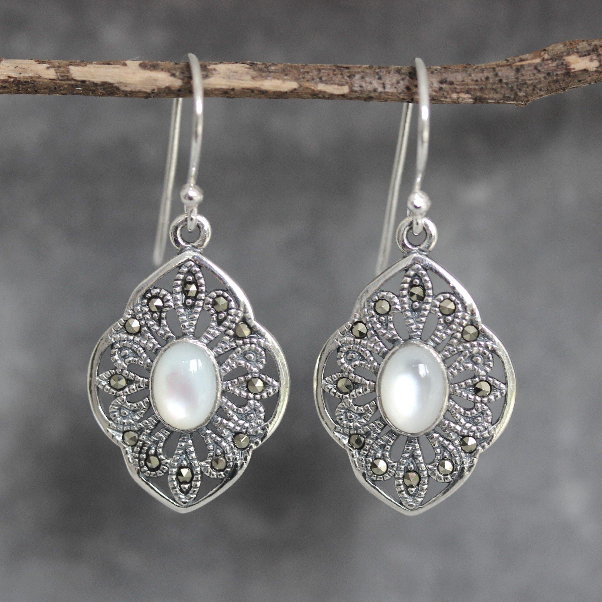 Sterling Silver Marcasite & Mother Of Pearl Drop Dangle Earrings - STERLING SILVER DESIGNS