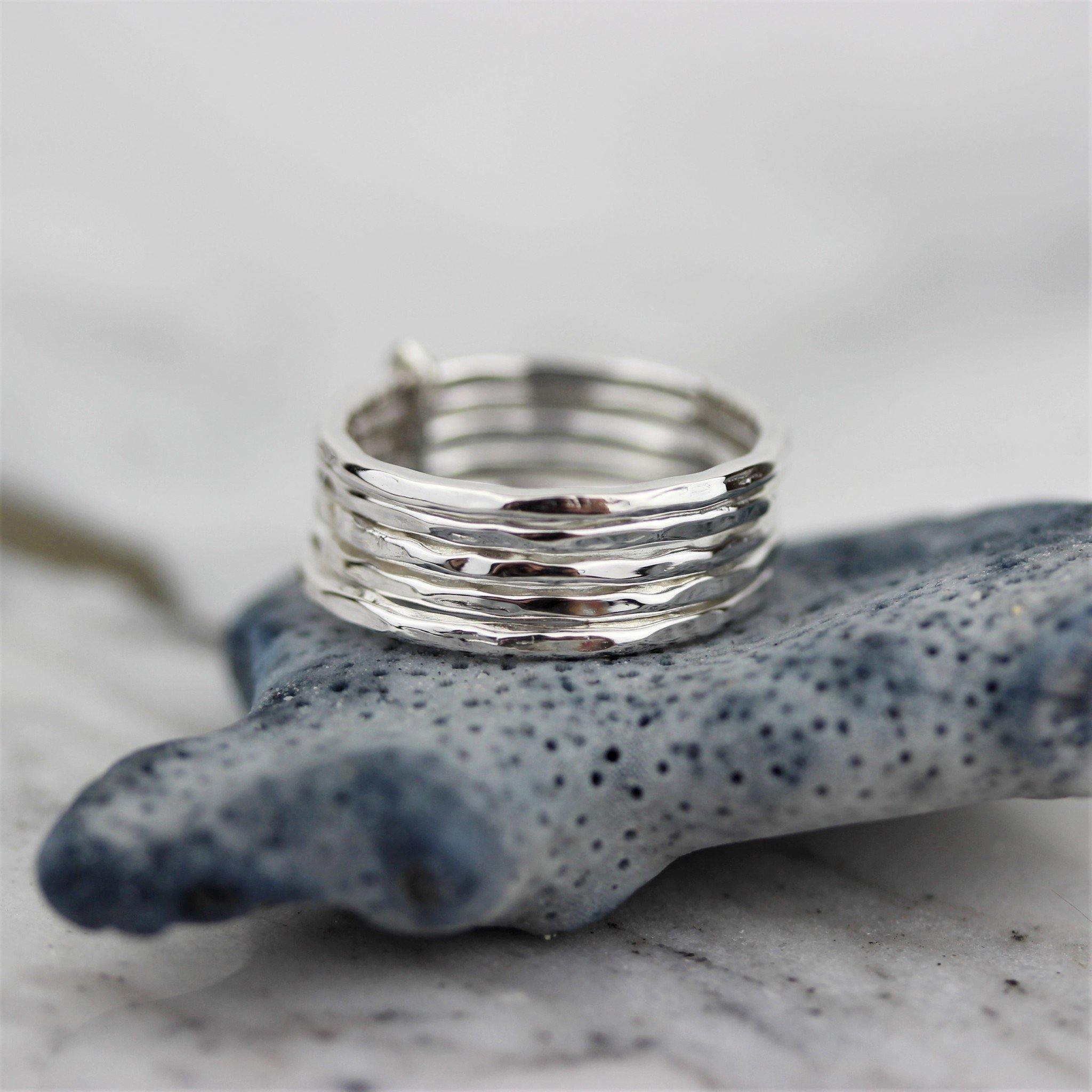 Sterling Silver Modern Hammered Beaten 5 Rings Bound Together - STERLING SILVER DESIGNS