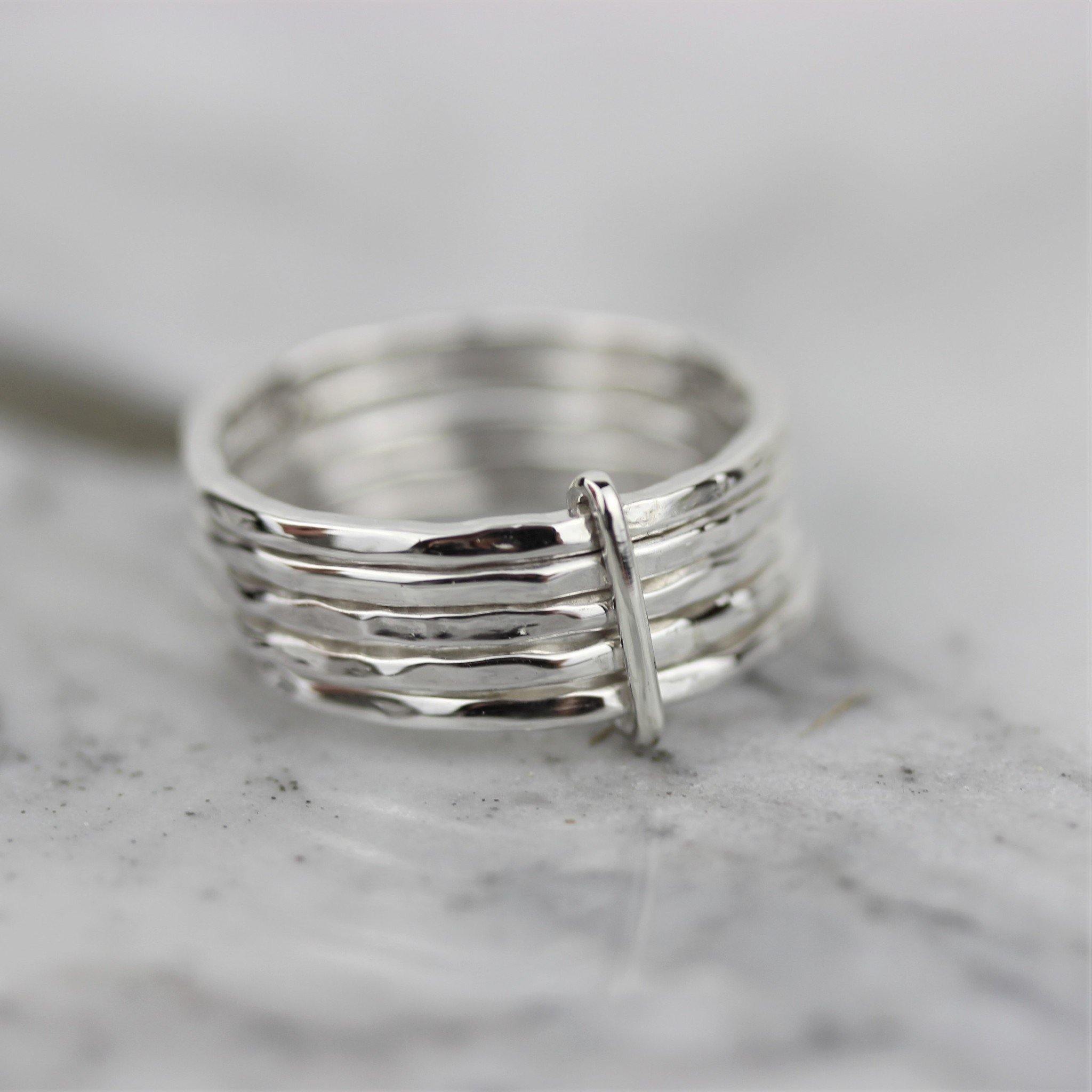 Sterling Silver Modern Hammered Beaten 5 Rings Bound Together - STERLING SILVER DESIGNS