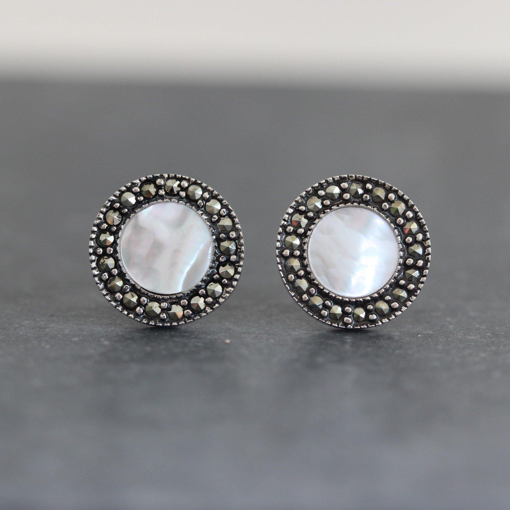 Sterling Silver 10mm Round Marcasite & Mother of Pearl Stud Earrings - STERLING SILVER DESIGNS