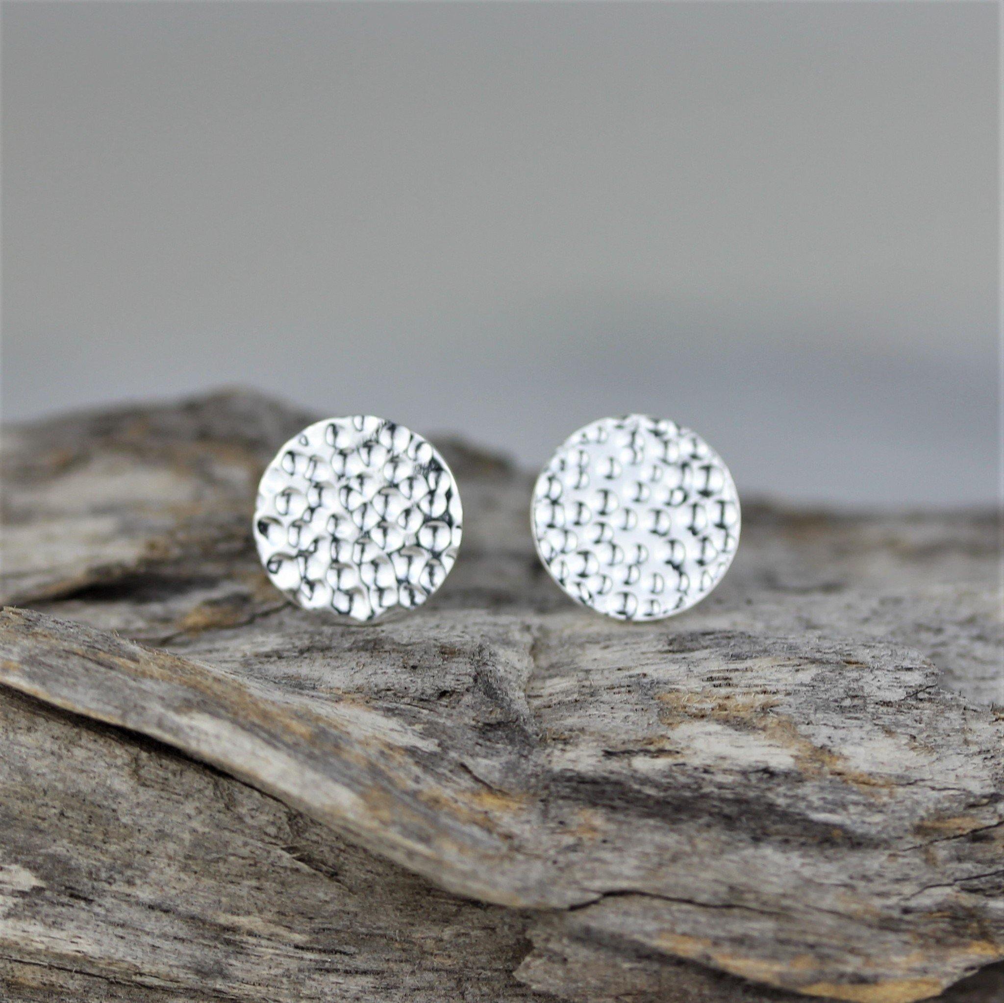 Sterling Silver 10mm Round Hammered Beaten Flat Disc Stud Earrings - STERLING SILVER DESIGNS