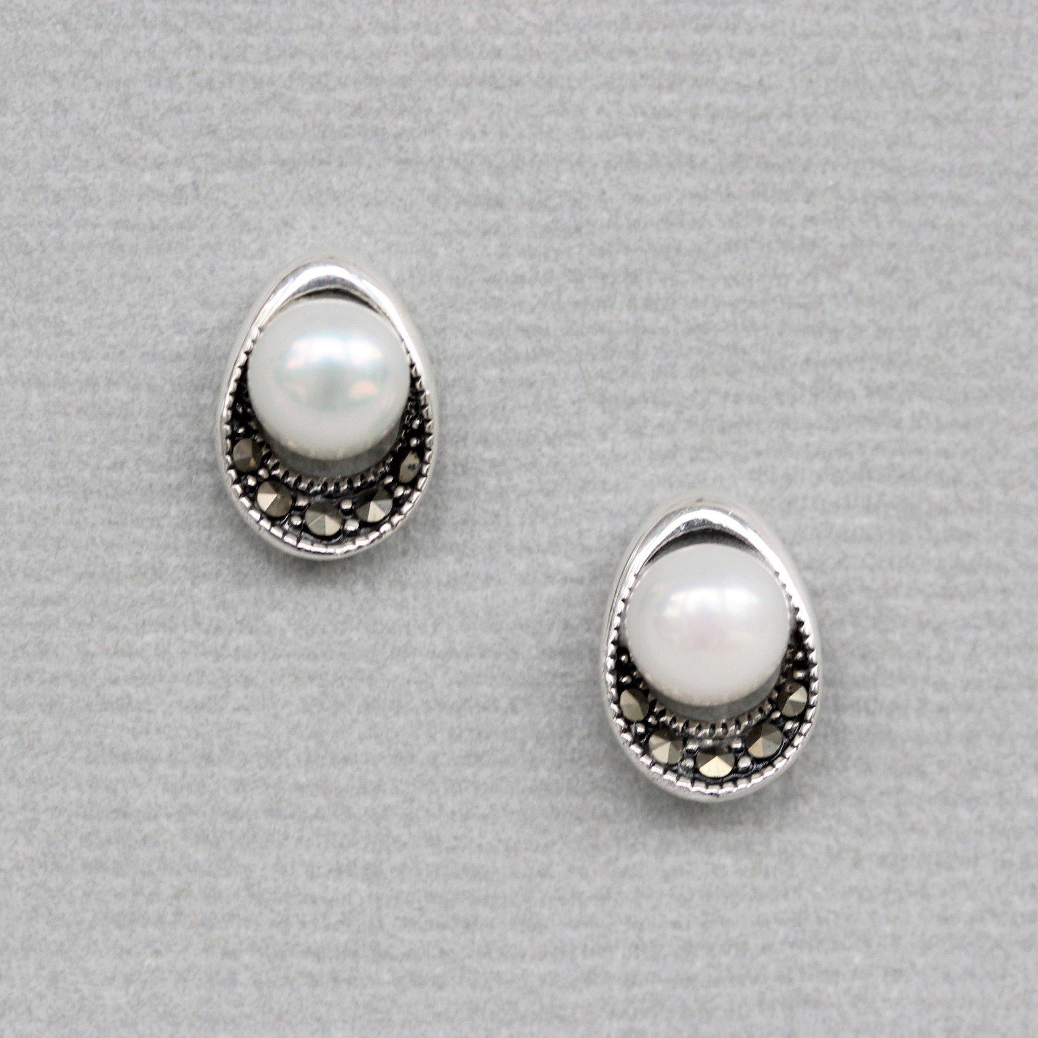 Sterling Silver Marcasite & Fresh Water Pearl Stud Earrings - STERLING SILVER DESIGNS
