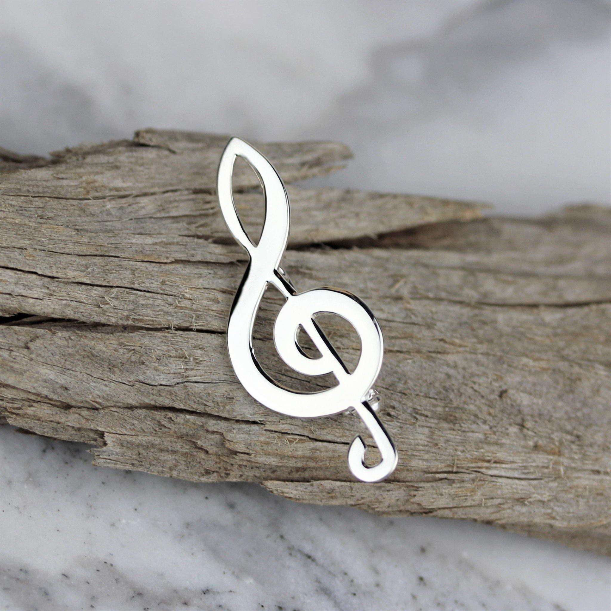 Sterling Silver G Clef Music Notes Shaped Brooch Pin Plain Silver - STERLING SILVER DESIGNS