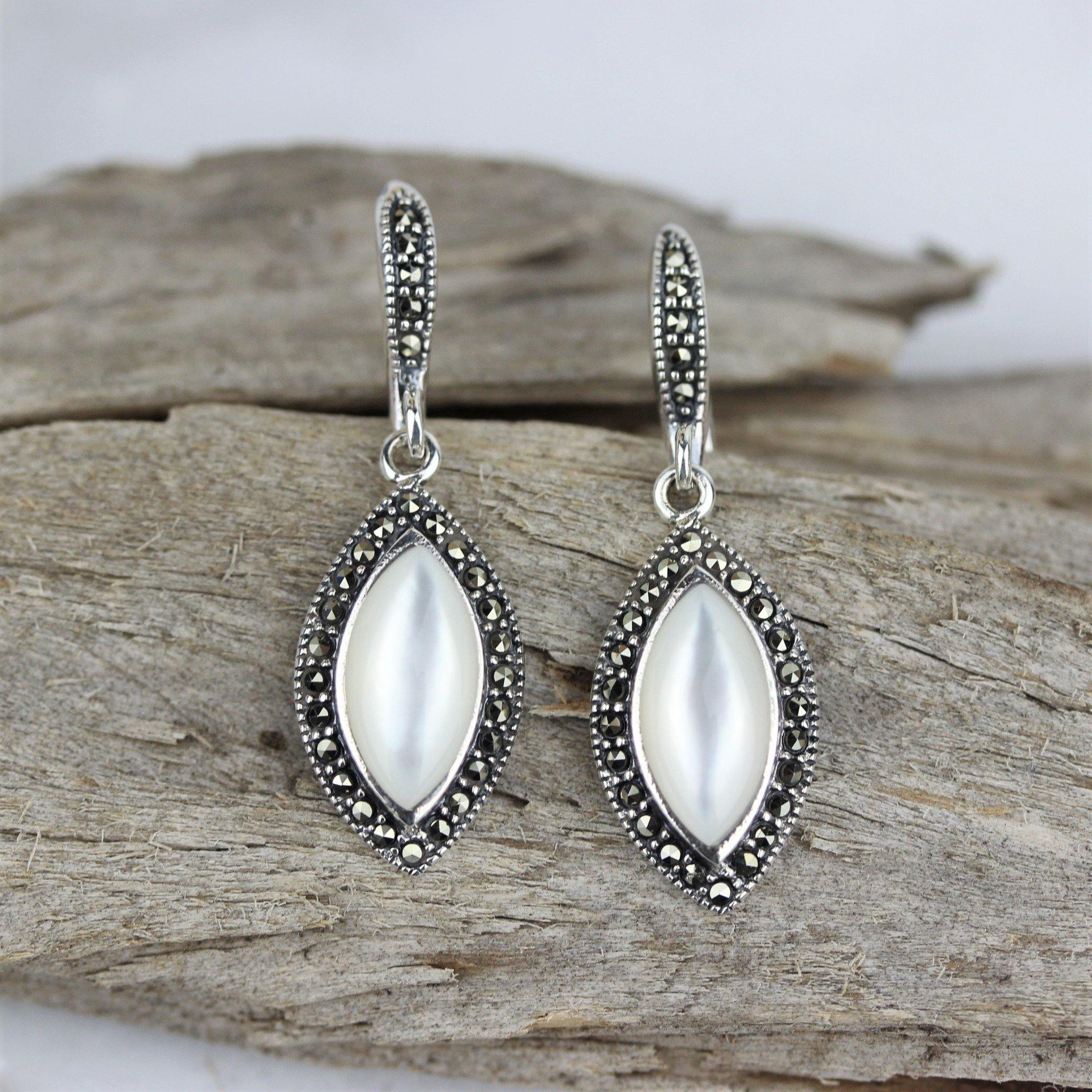 Sterling Silver Marcasite & Mother Of Pearl Marquise Drop Dangle Earrings - STERLING SILVER DESIGNS